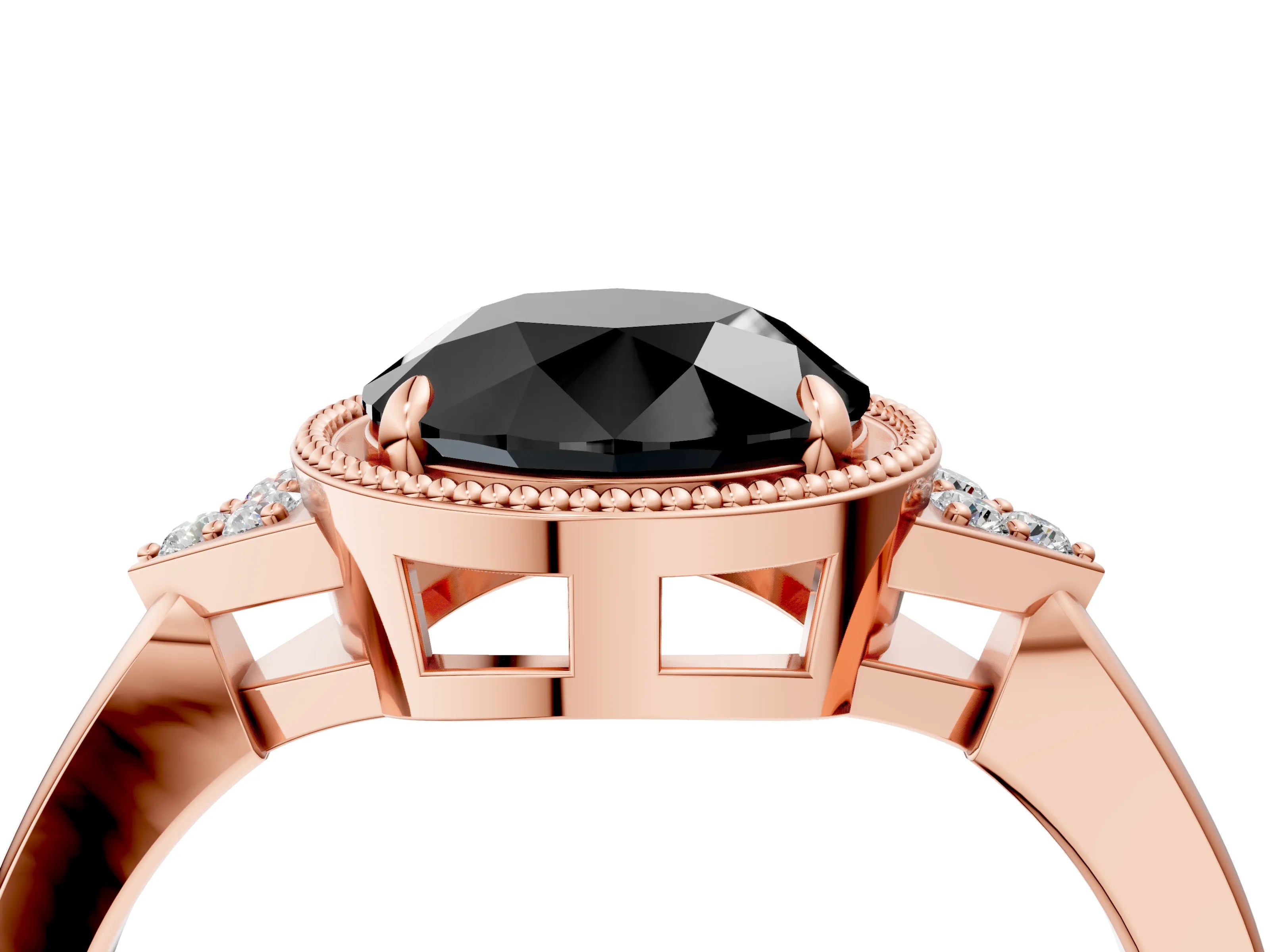 Rose gold Hexagonal Halo Fancy Black Round Cut Diamond Solitaire with Pavé Band and Four-Prong Setting_7