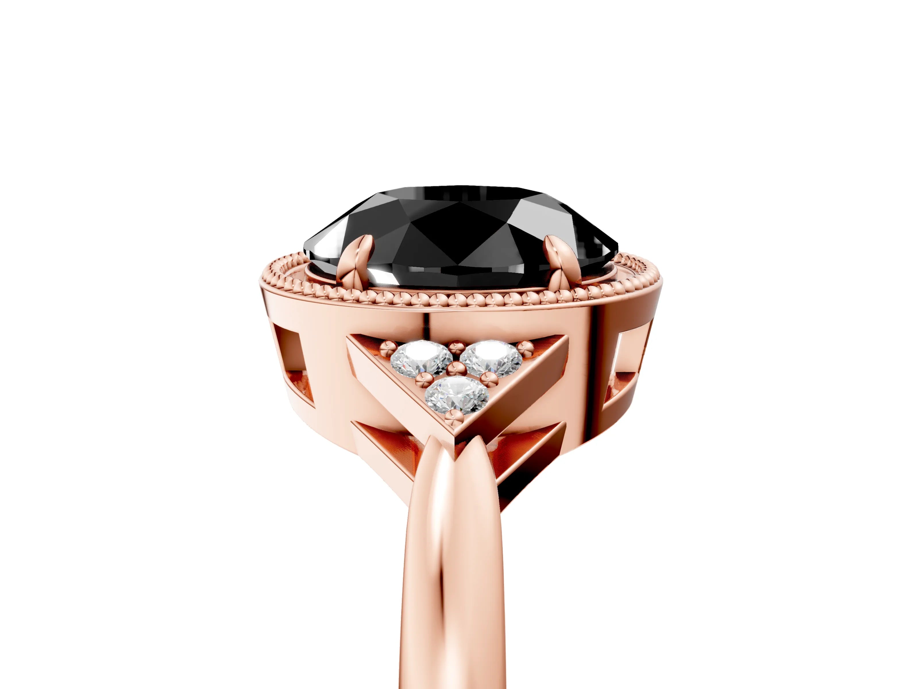 Rose gold Hexagonal Halo Fancy Black Round Cut Diamond Solitaire with Pavé Band and Four-Prong Setting_8