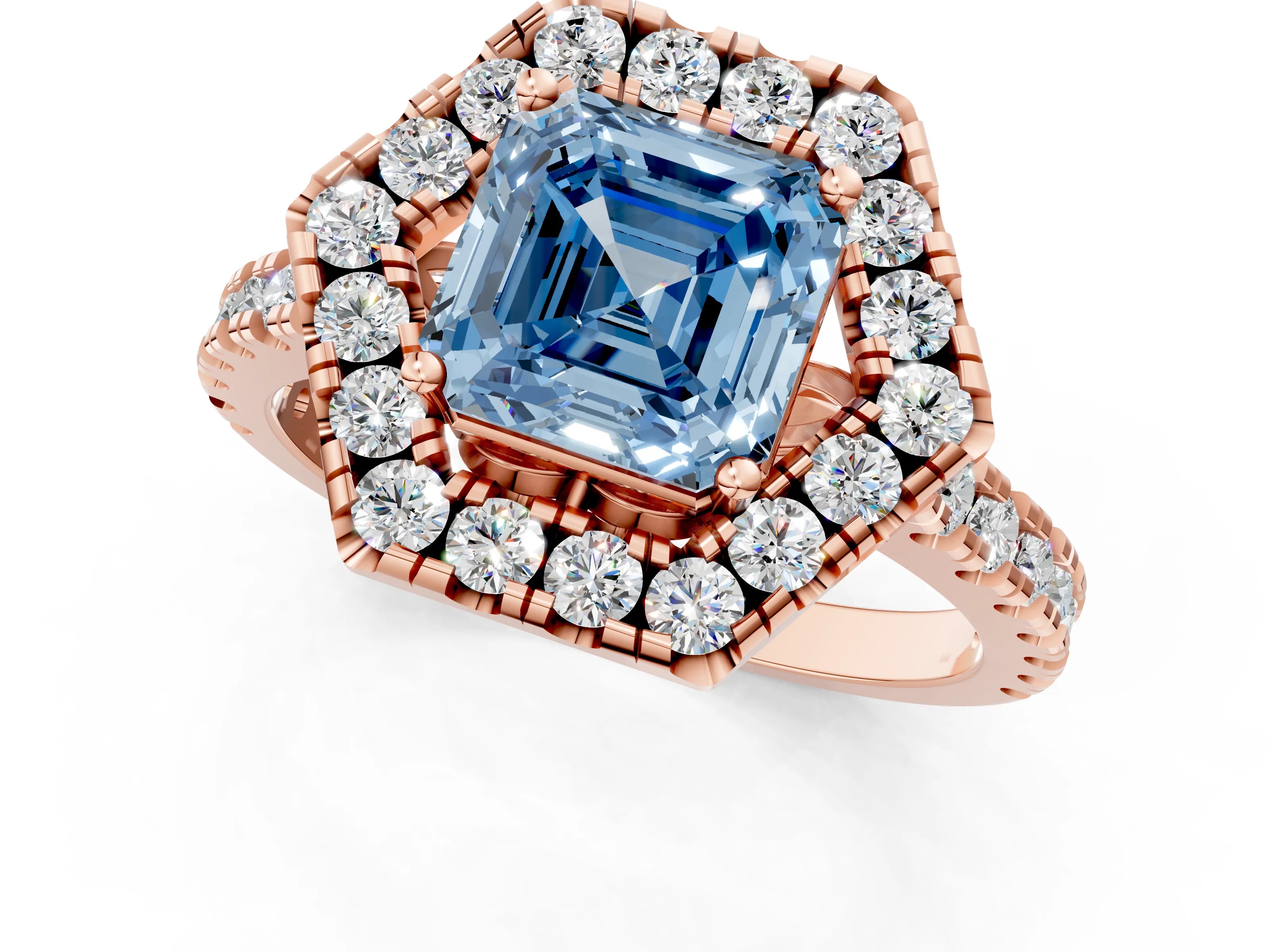 Rose gold Hexagonal Halo Fancy Blue Asscher Cut Diamond Pavé Band with Four-Prong Setting_1