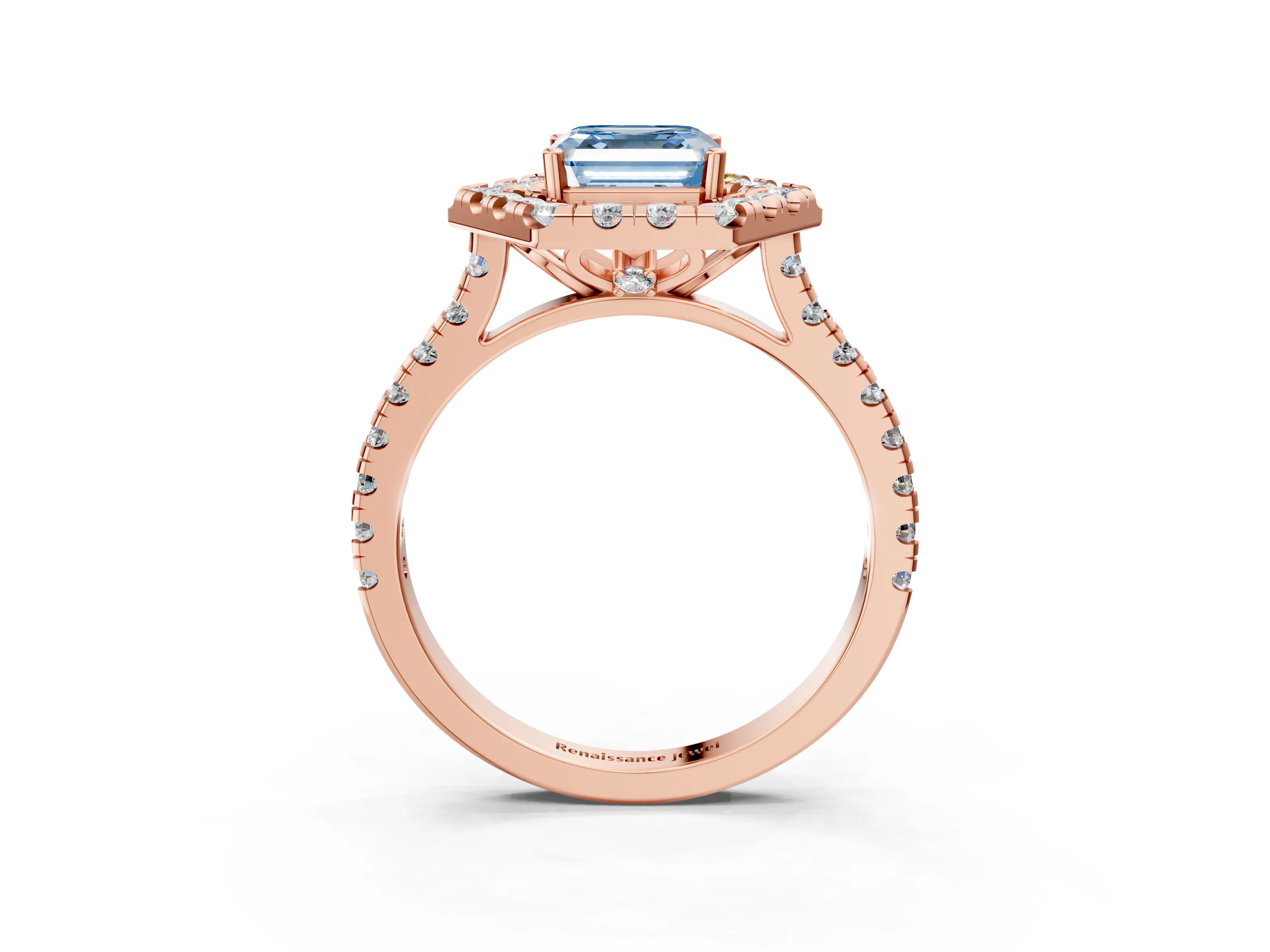 Rose gold Hexagonal Halo Fancy Blue Asscher Cut Diamond Pavé Band with Four-Prong Setting_3