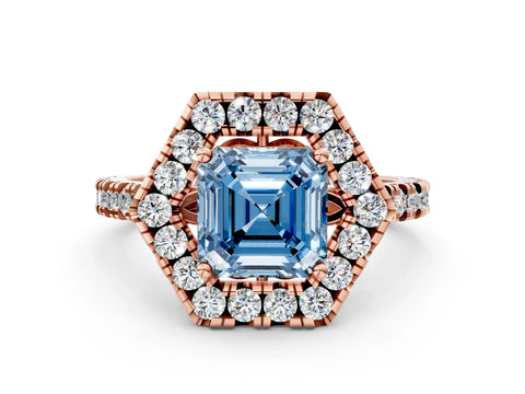 Rose gold Hexagonal Halo Fancy Blue Asscher Cut Diamond Pavé Band with Four-Prong Setting