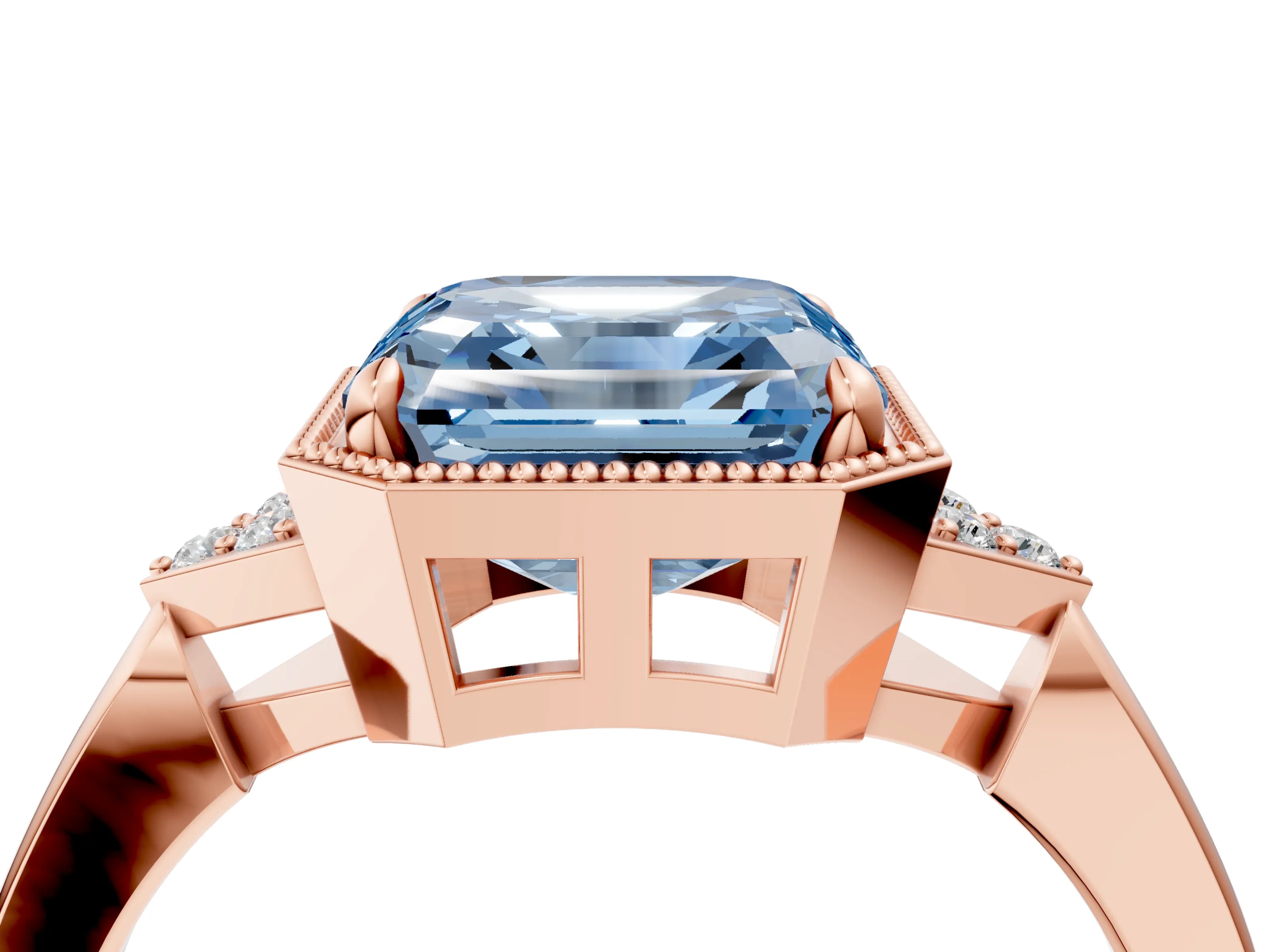 Rose gold Hexagonal Halo Fancy Blue Asscher Cut Diamond Solitaire with Pavé Band and Four-Prong Setting_7