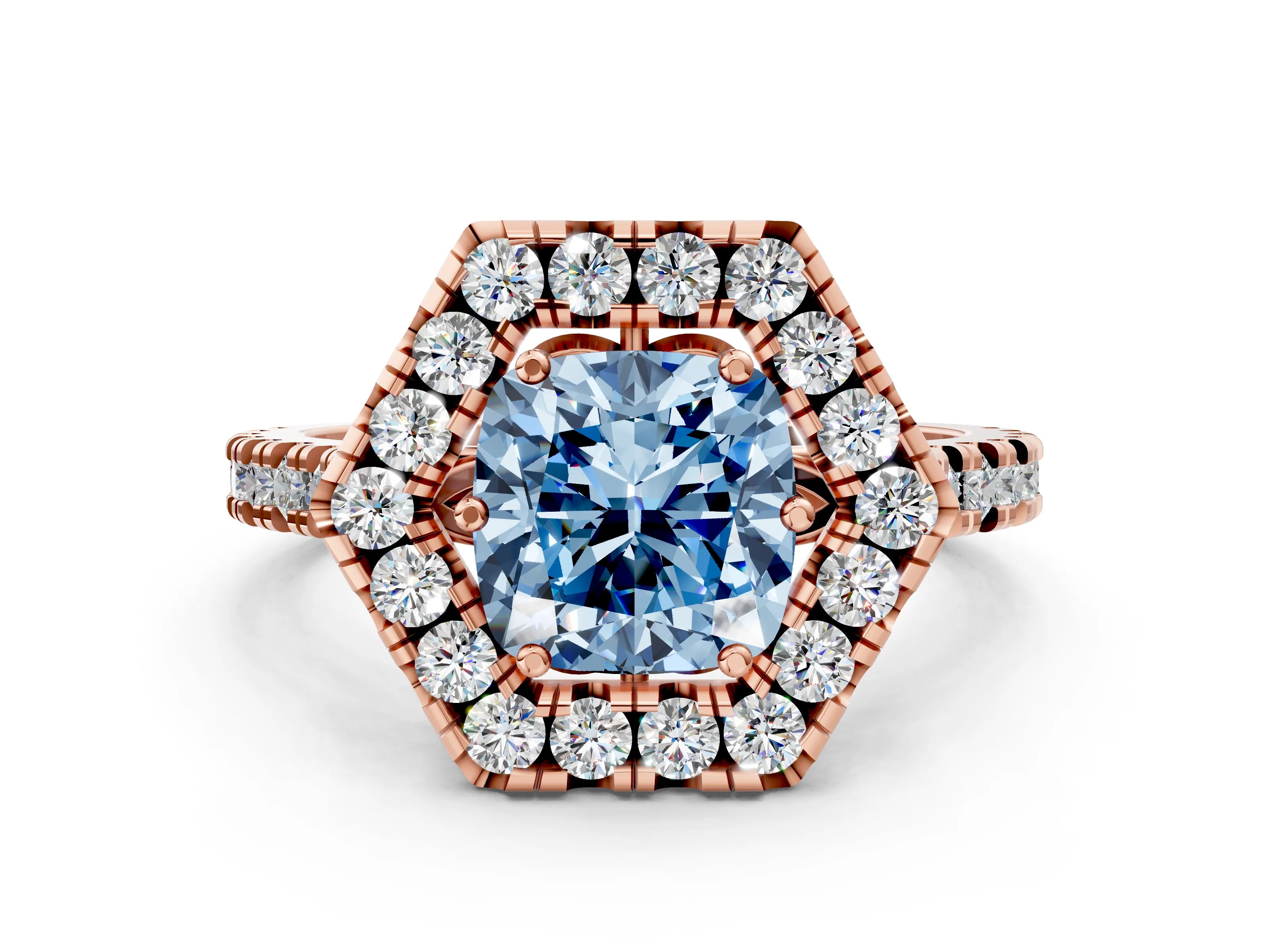 Rose gold Hexagonal Halo Fancy Blue Cushion Cut Diamond Pavé Band with Four-Prong Setting