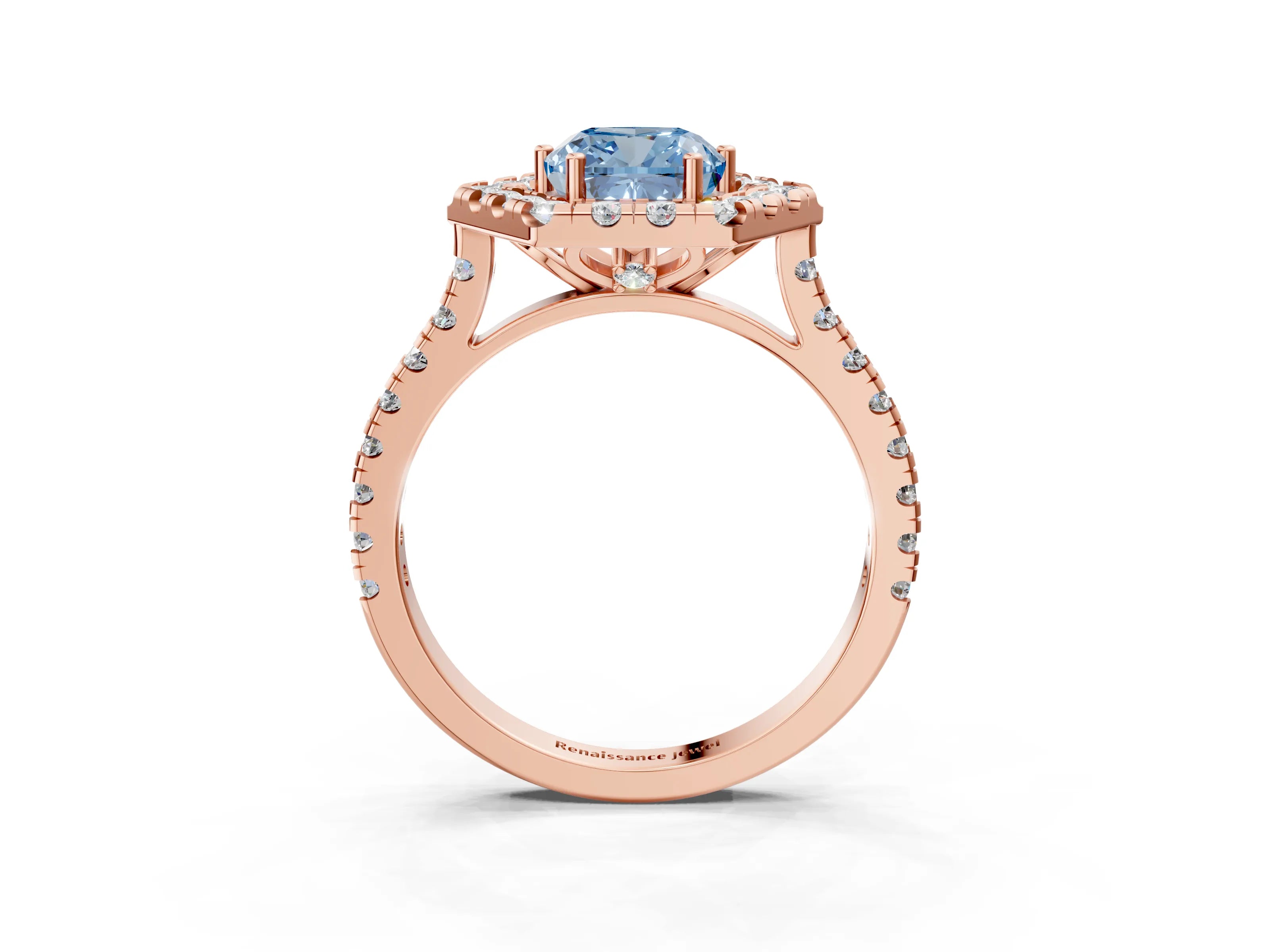Rose gold Hexagonal Halo Fancy Blue Cushion Cut Diamond Pavé Band with Four-Prong Setting_3