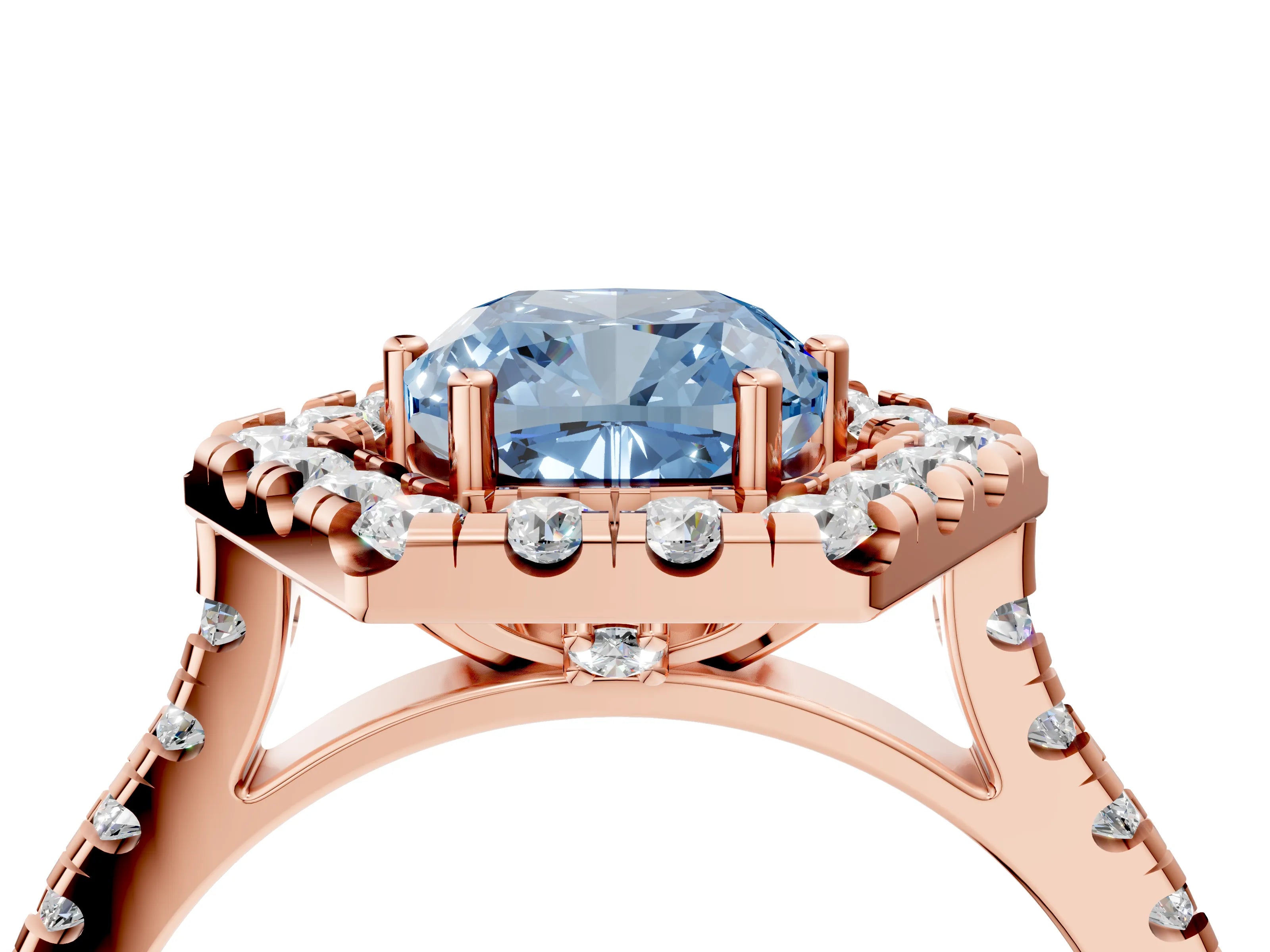 Rose gold Hexagonal Halo Fancy Blue Cushion Cut Diamond Pavé Band with Four-Prong Setting_4