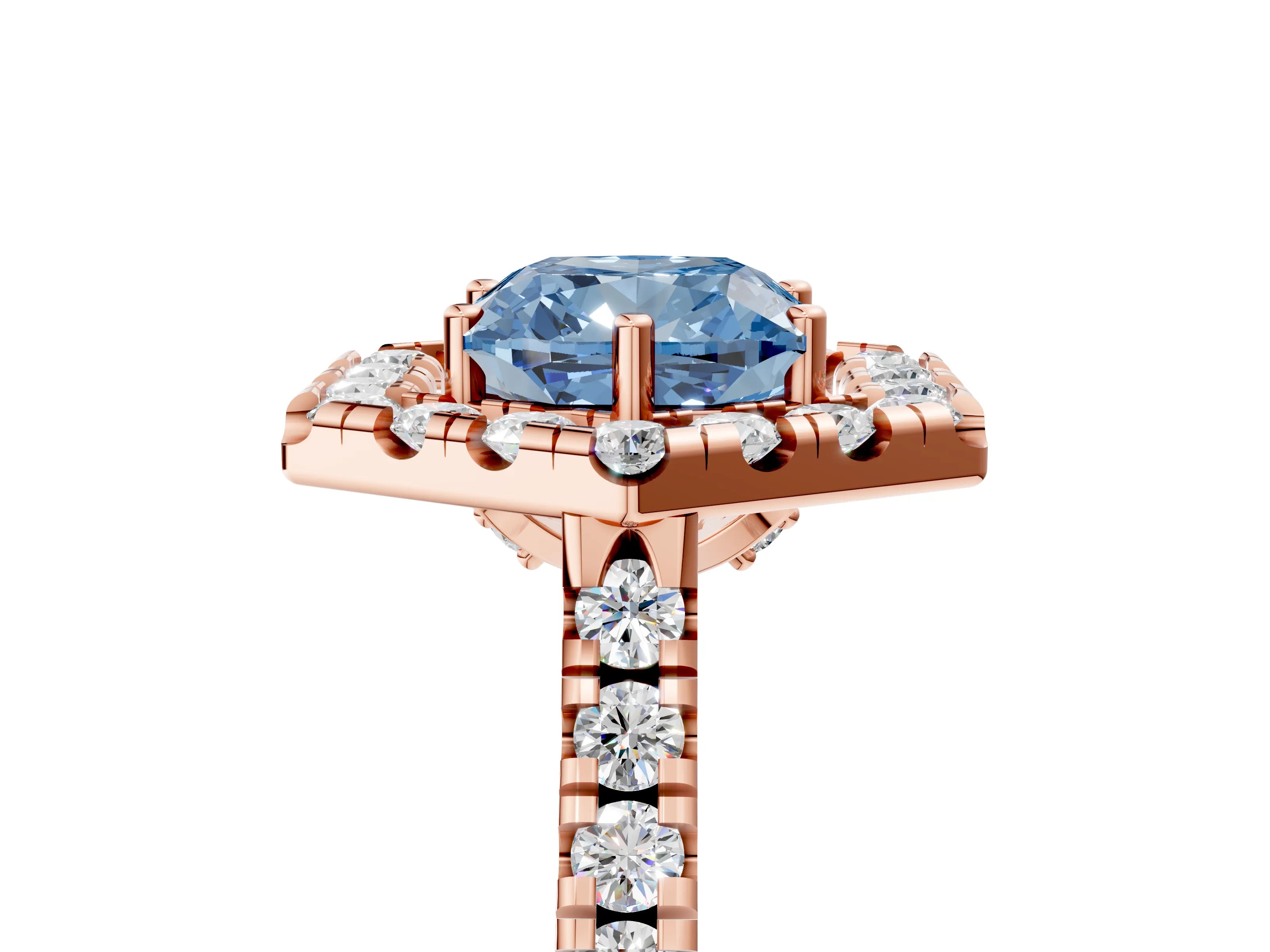Rose gold Hexagonal Halo Fancy Blue Cushion Cut Diamond Pavé Band with Four-Prong Setting_5