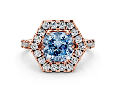 Rose gold Hexagonal Halo Fancy Blue Cushion Cut Diamond Pavé Band with Four-Prong Setting