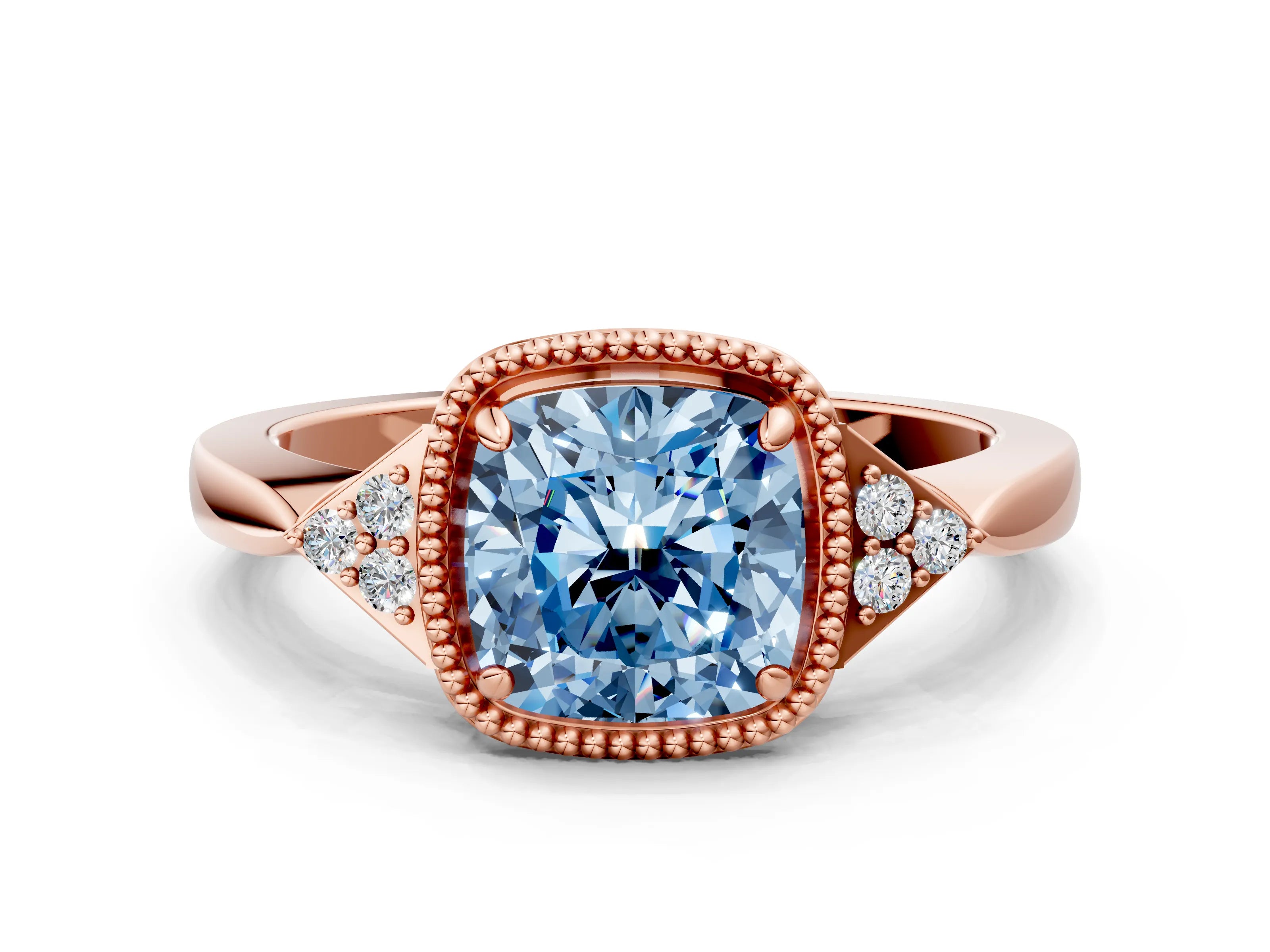 Rose gold Hexagonal Halo Fancy Blue Cushion Cut Diamond Solitaire with Pavé Band and Four-Prong Setting_3