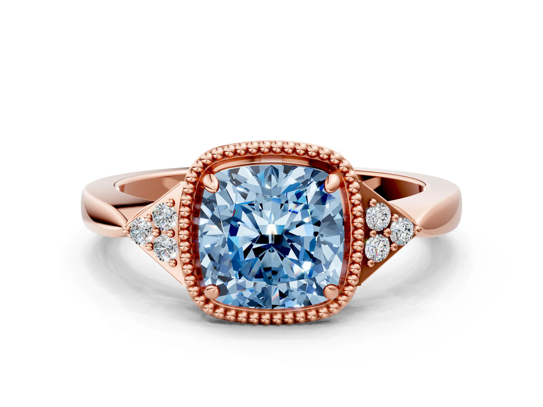 Rose gold Hexagonal Halo Fancy Blue Cushion Cut Diamond Solitaire with Pavé Band and Four-Prong Setting_3