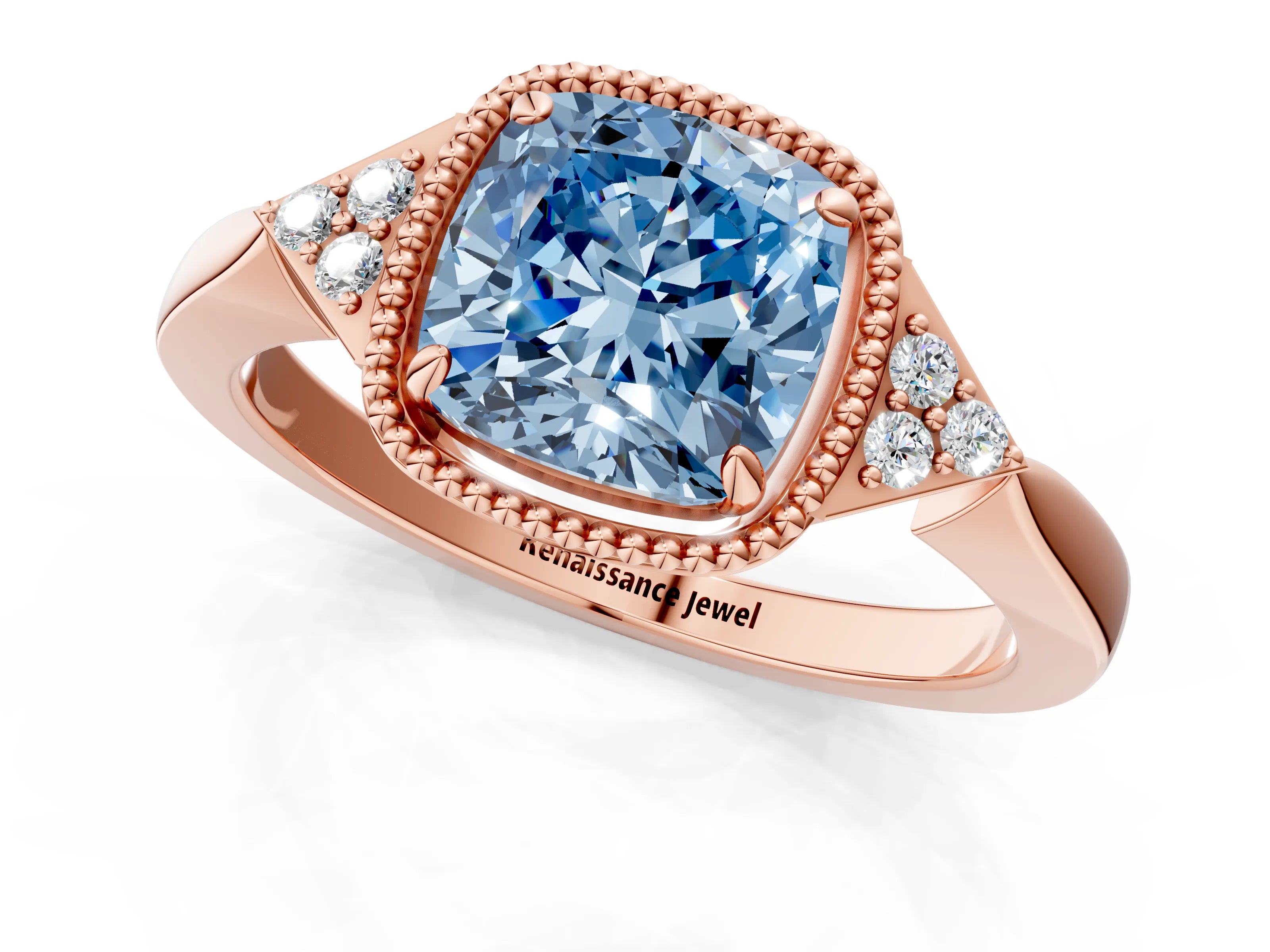 Rose gold Hexagonal Halo Fancy Blue Cushion Cut Diamond Solitaire with Pavé Band and Four-Prong Setting_4