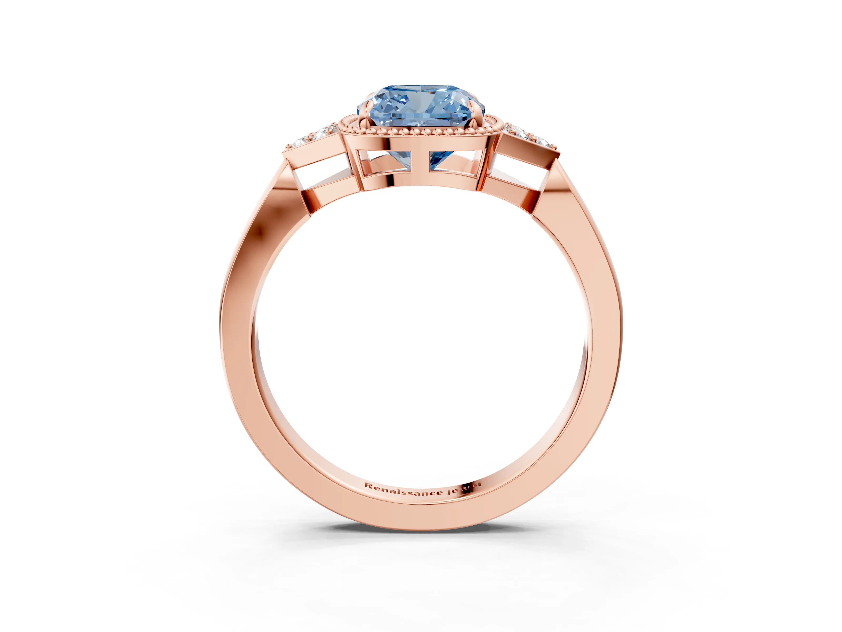 Rose gold Hexagonal Halo Fancy Blue Cushion Cut Diamond Solitaire with Pavé Band and Four-Prong Setting_6