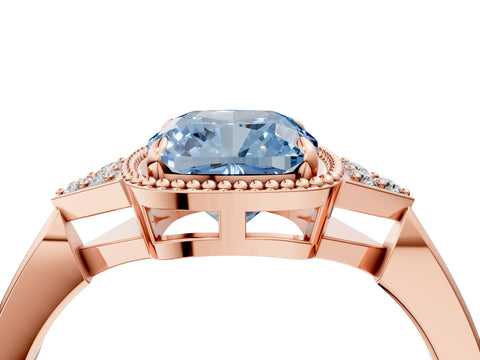 Rose gold Hexagonal Halo Fancy Blue Cushion Cut Diamond Solitaire with Pavé Band and Four-Prong Setting_7