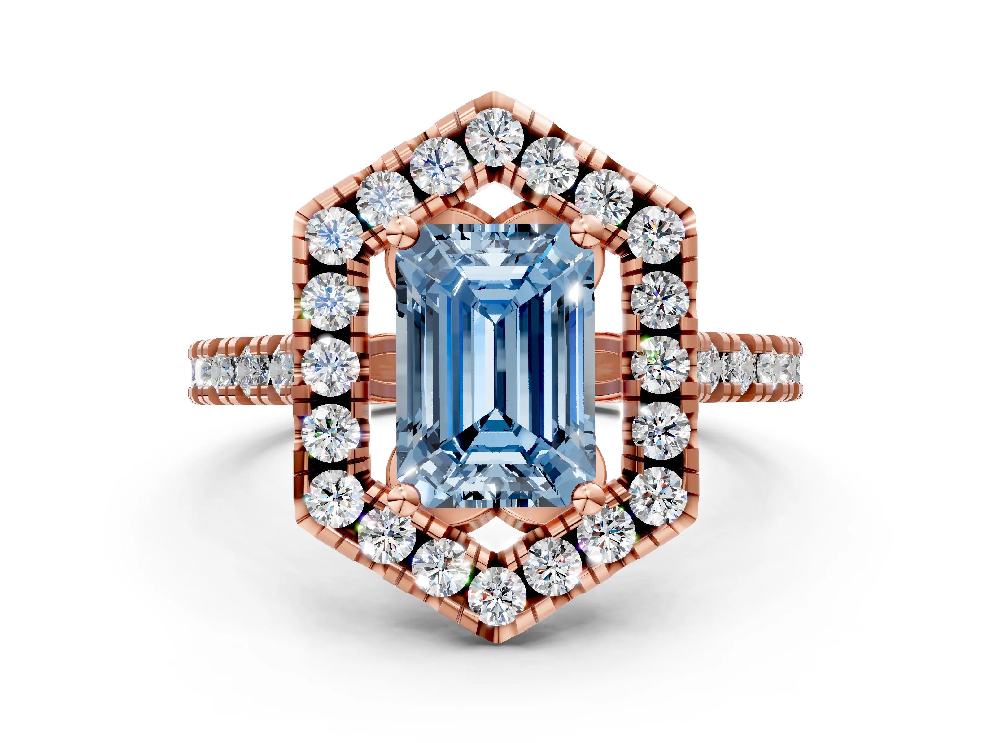Rose gold Hexagonal Halo Fancy Blue Emerald Cut Diamond Pavé Band with Four-Prong Setting