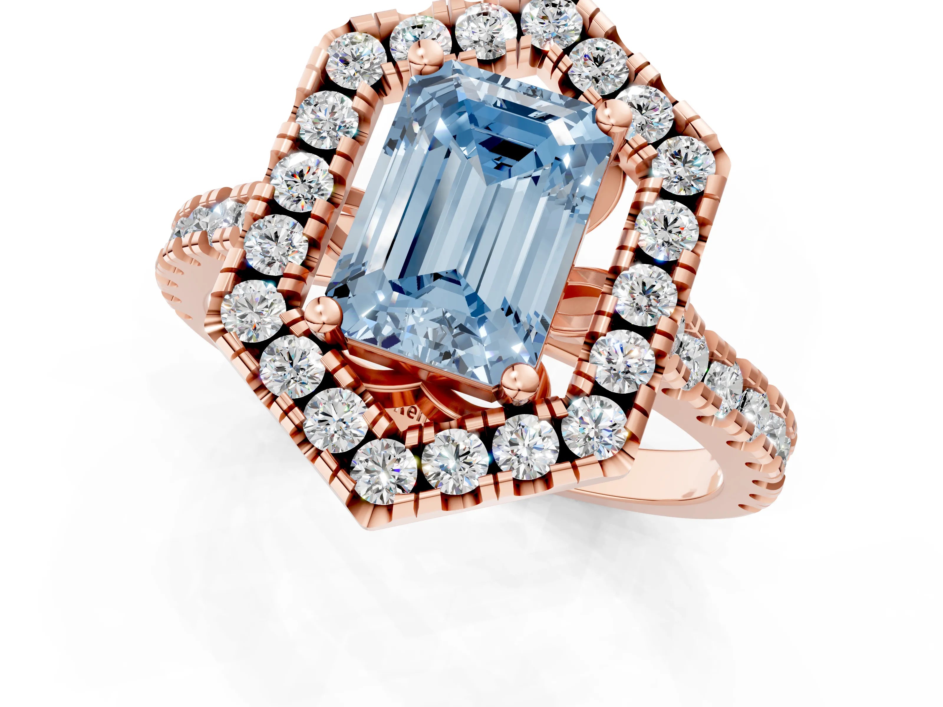 Rose gold Hexagonal Halo Fancy Blue Emerald Cut Diamond Pavé Band with Four-Prong Setting_1