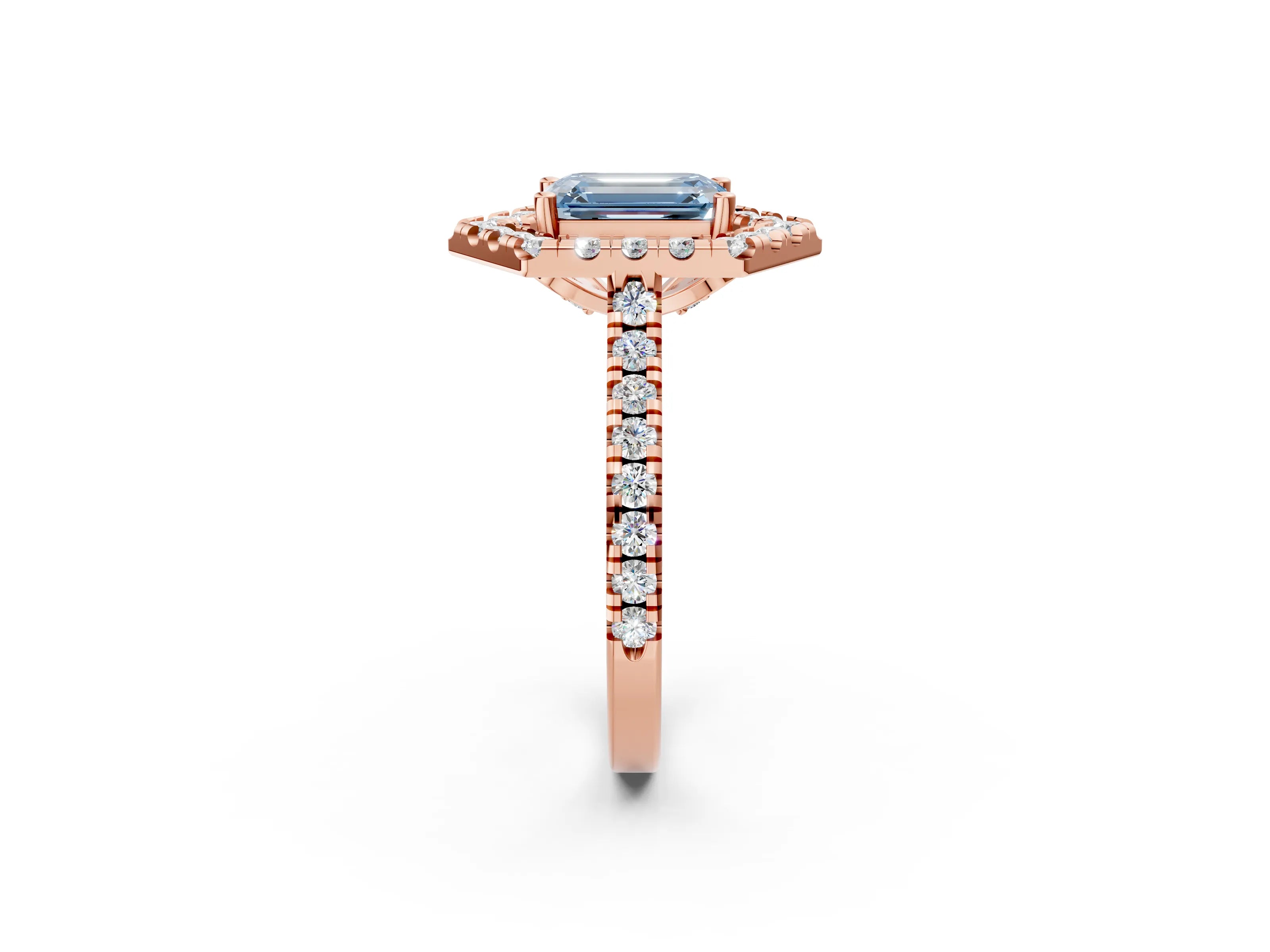 Rose gold Hexagonal Halo Fancy Blue Emerald Cut Diamond Pavé Band with Four-Prong Setting_2