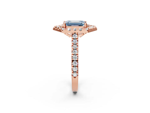 Rose gold Hexagonal Halo Fancy Blue Emerald Cut Diamond Pavé Band with Four-Prong Setting_2