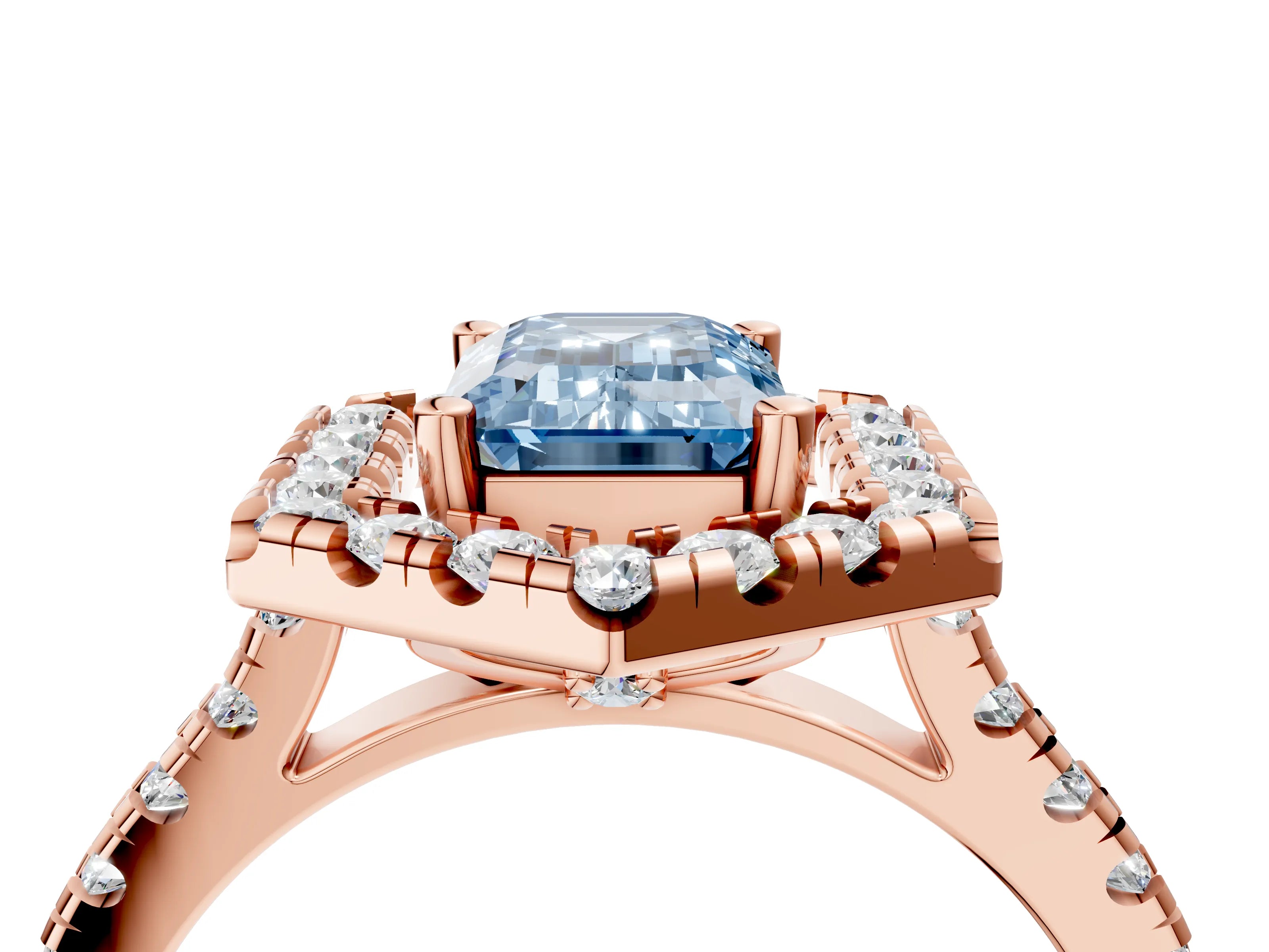 Rose gold Hexagonal Halo Fancy Blue Emerald Cut Diamond Pavé Band with Four-Prong Setting_4