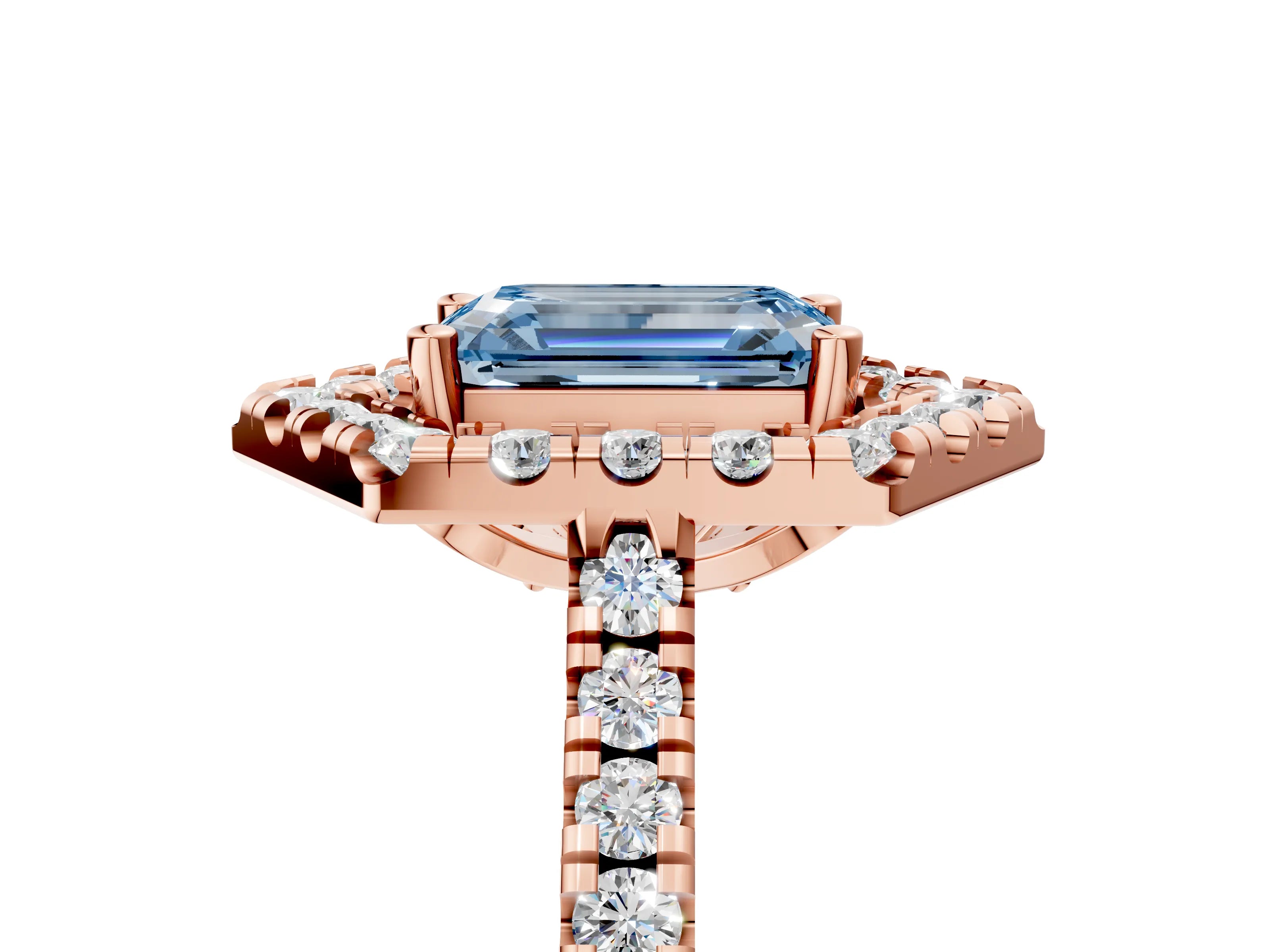 Rose gold Hexagonal Halo Fancy Blue Emerald Cut Diamond Pavé Band with Four-Prong Setting_5