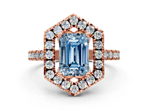 Rose gold Hexagonal Halo Fancy Blue Emerald Cut Diamond Pavé Band with Four-Prong Setting