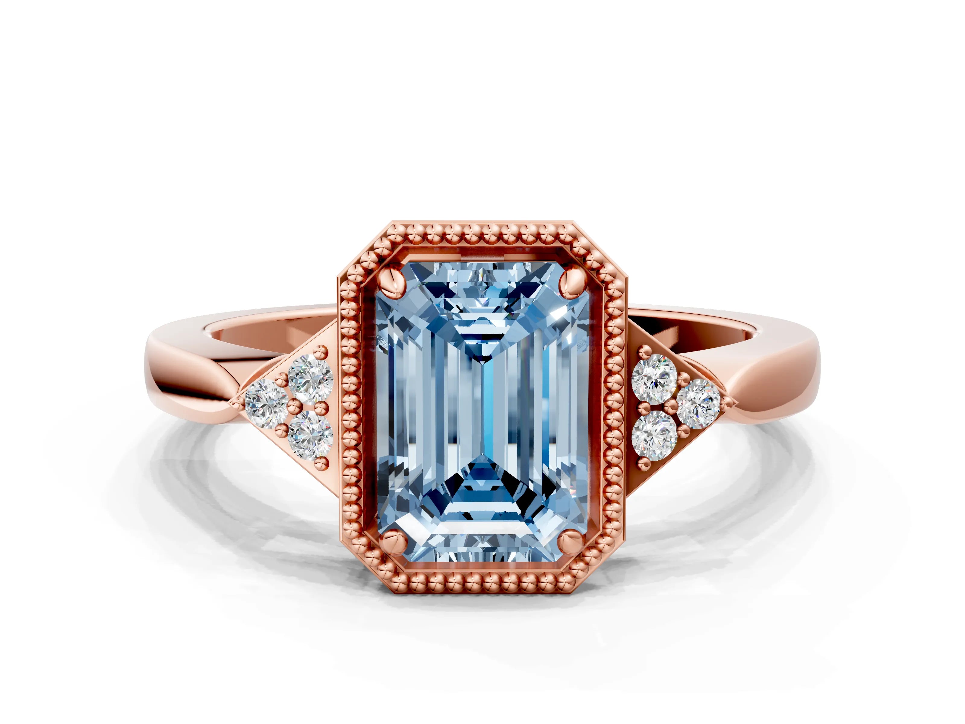 Rose gold Hexagonal Halo Fancy Blue Emerald Cut Diamond Solitaire with Pavé Band and Four-Prong Setting_3