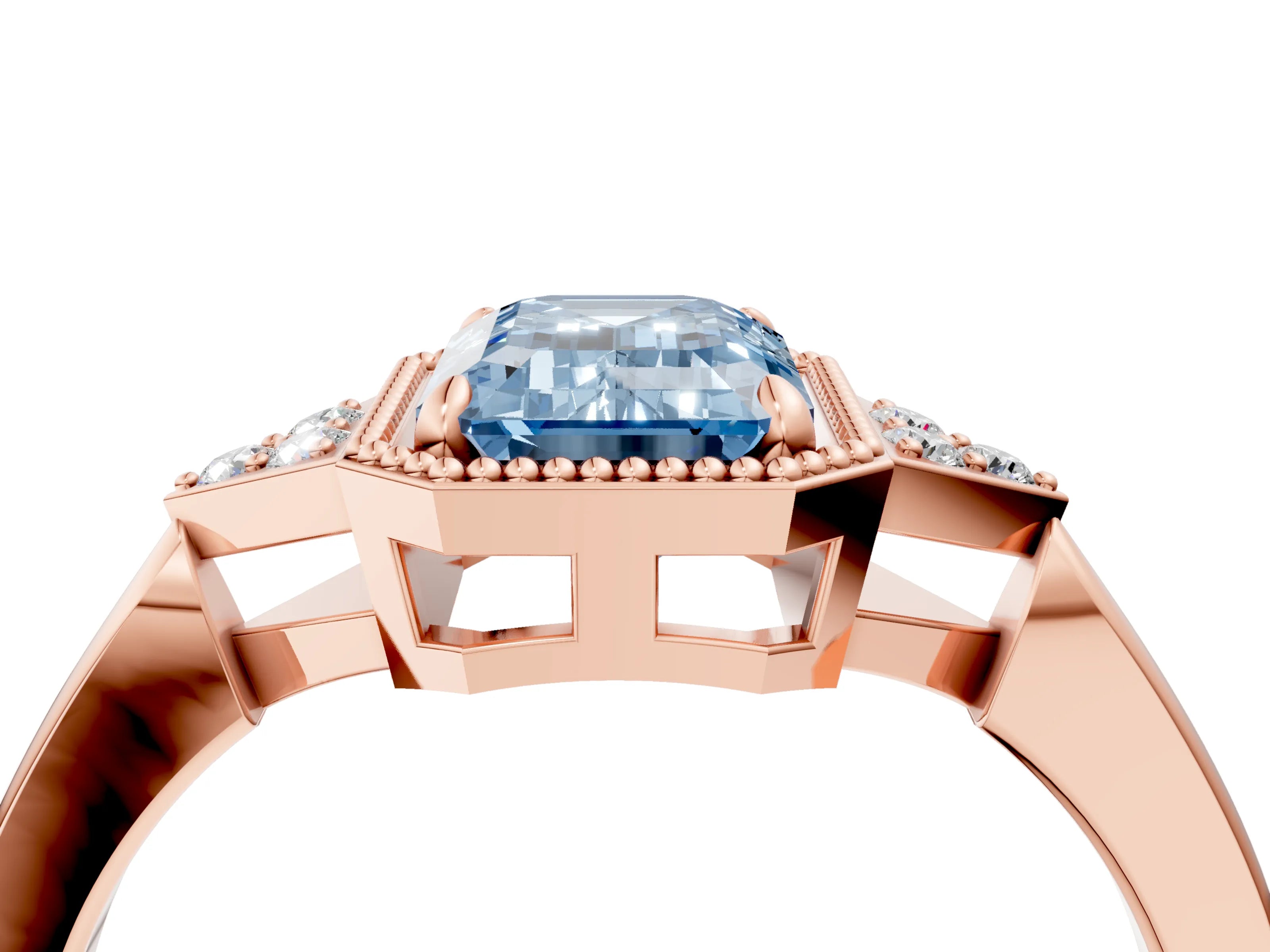 Rose gold Hexagonal Halo Fancy Blue Emerald Cut Diamond Solitaire with Pavé Band and Four-Prong Setting_7