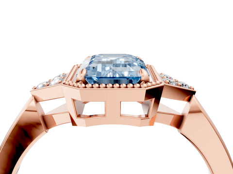 Rose gold Hexagonal Halo Fancy Blue Emerald Cut Diamond Solitaire with Pavé Band and Four-Prong Setting_7