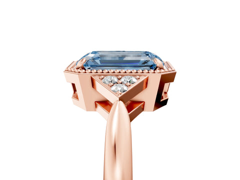 Rose gold Hexagonal Halo Fancy Blue Emerald Cut Diamond Solitaire with Pavé Band and Four-Prong Setting_8