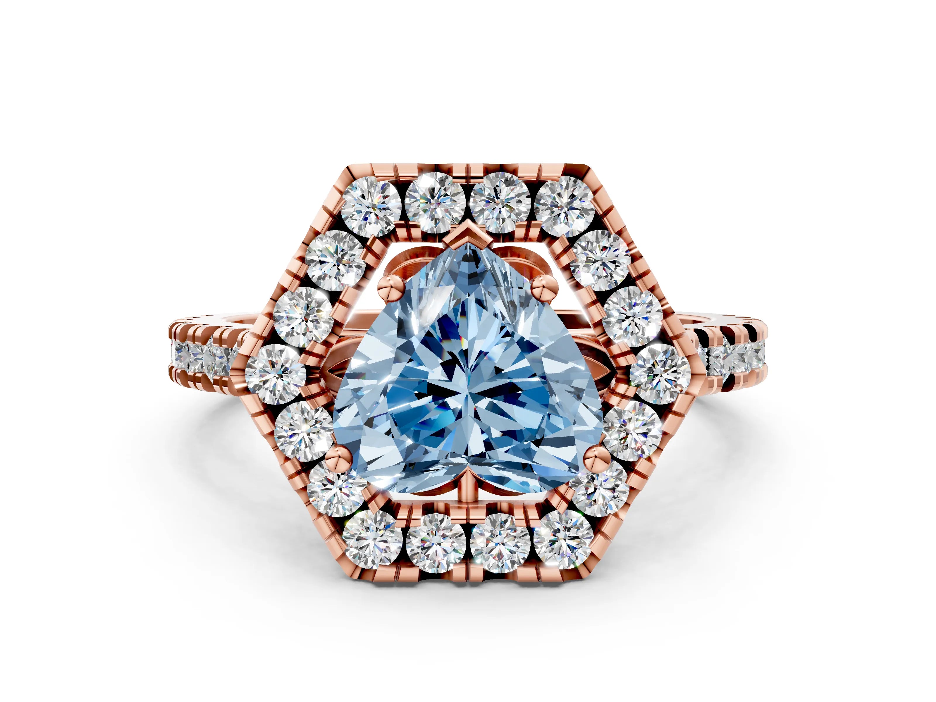 Rose gold Hexagonal Halo Fancy Blue Heart Cut Diamond Pavé Band with Four-Prong Setting