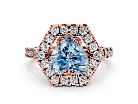 Rose gold Hexagonal Halo Fancy Blue Heart Cut Diamond Pavé Band with Four-Prong Setting