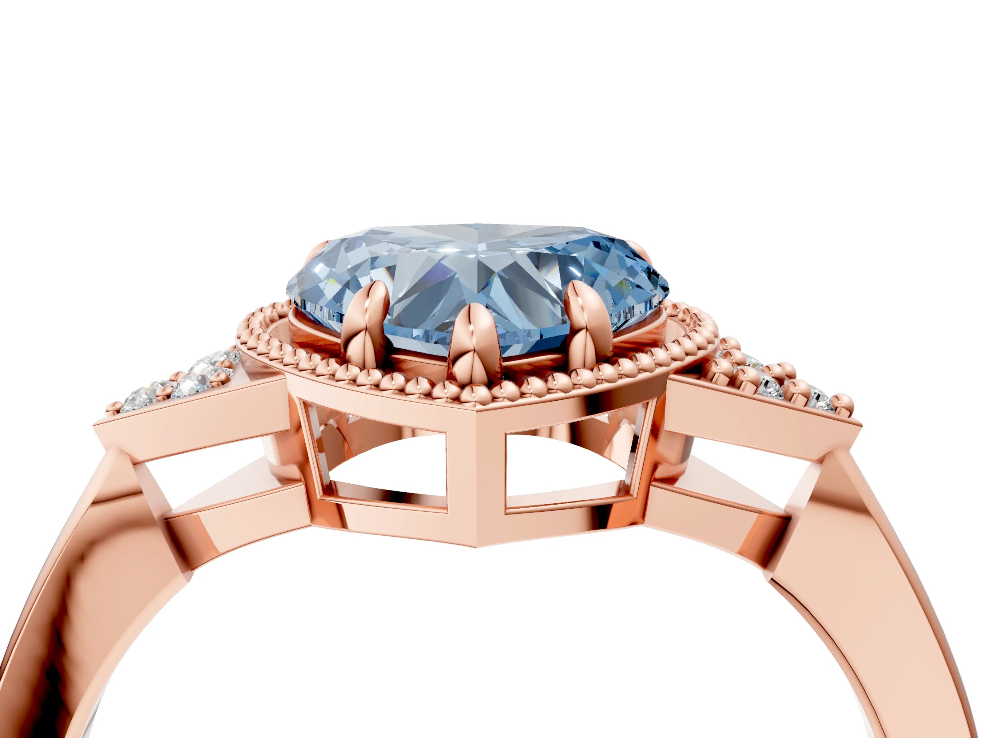 Rose gold Hexagonal Halo Fancy Blue Heart Cut Diamond Solitaire with Pavé Band and Four-Prong Setting_7