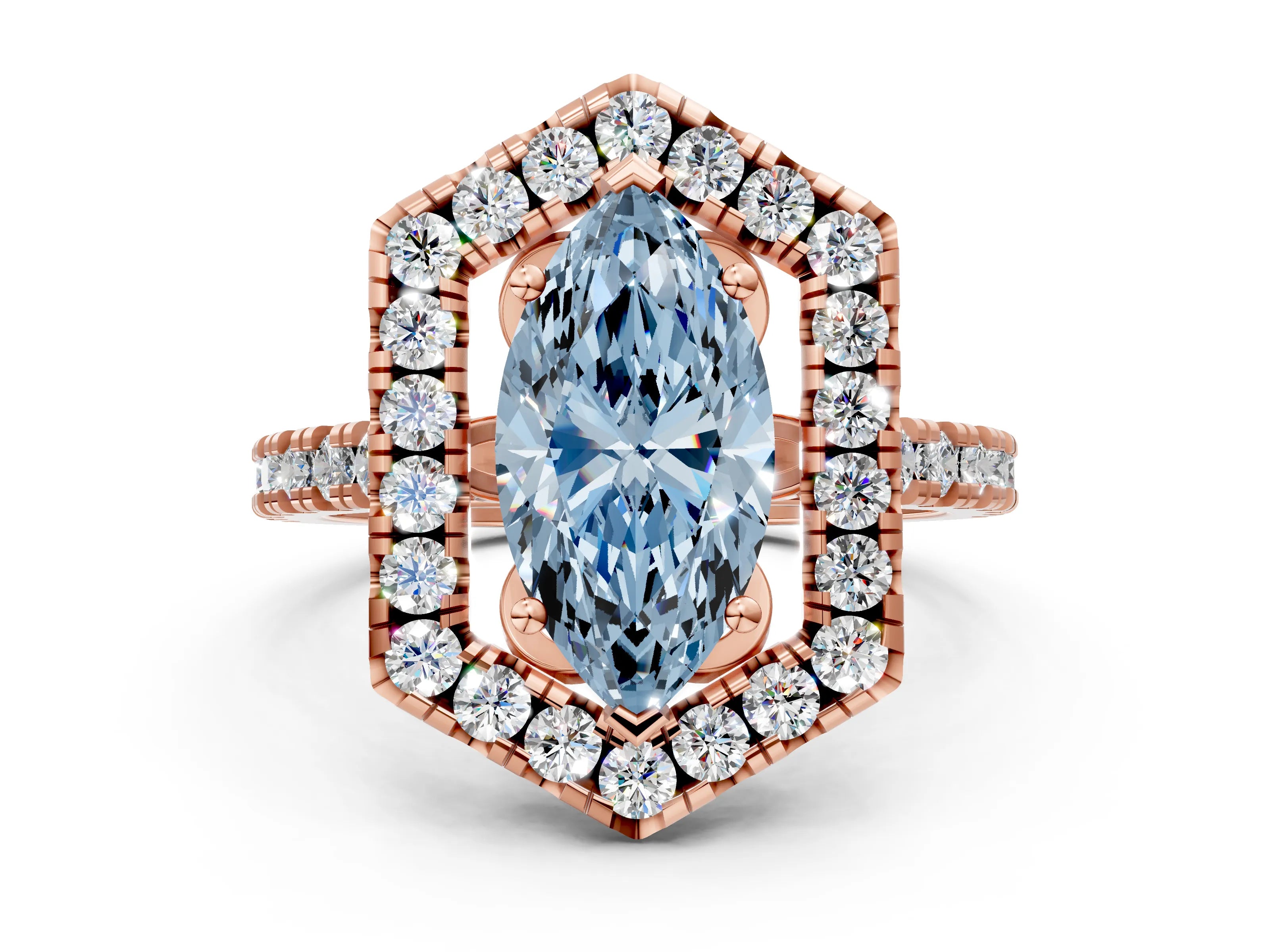 Rose gold Hexagonal Halo Fancy Blue Marquise Cut Diamond Pavé Band with Four-Prong Setting