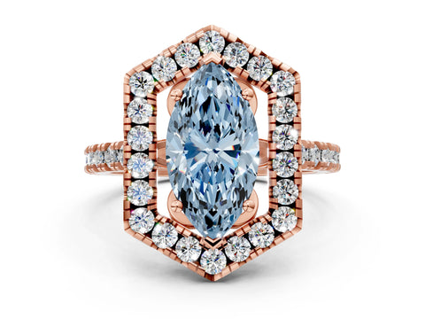 Rose gold Hexagonal Halo Fancy Blue Marquise Cut Diamond Pavé Band with Four-Prong Setting