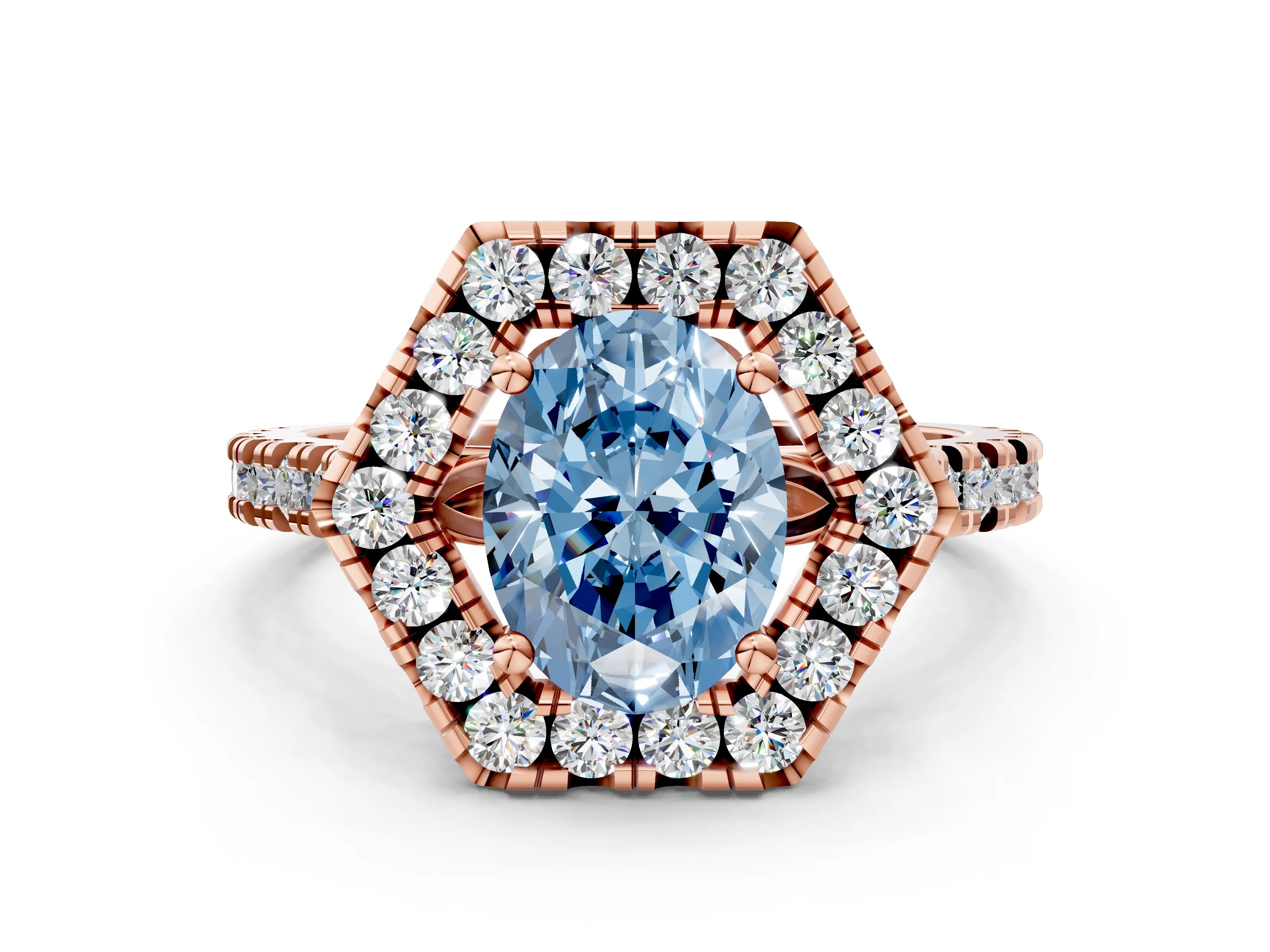 Rose gold Hexagonal Halo Fancy Blue Oval Cut Diamond Pavé Band with Four-Prong Setting