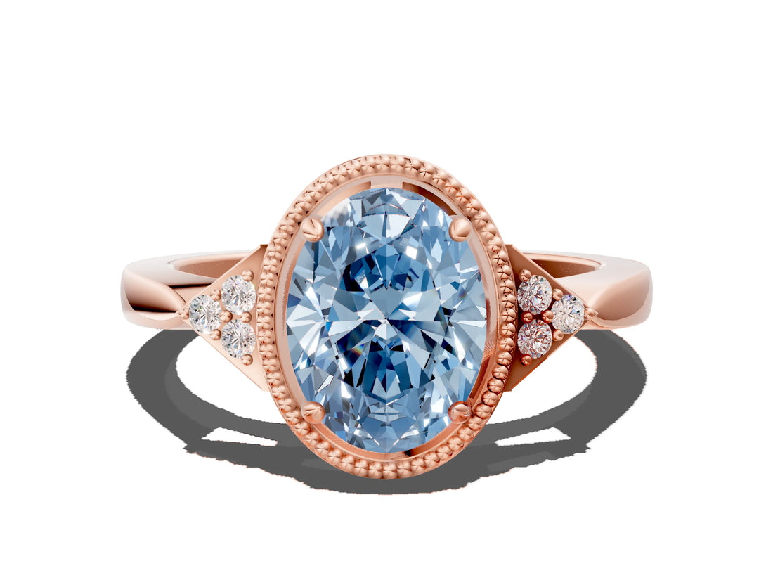 Rose gold Hexagonal Halo Fancy Blue Oval Cut Diamond Solitaire with Pavé Band and Four-Prong Setting_3