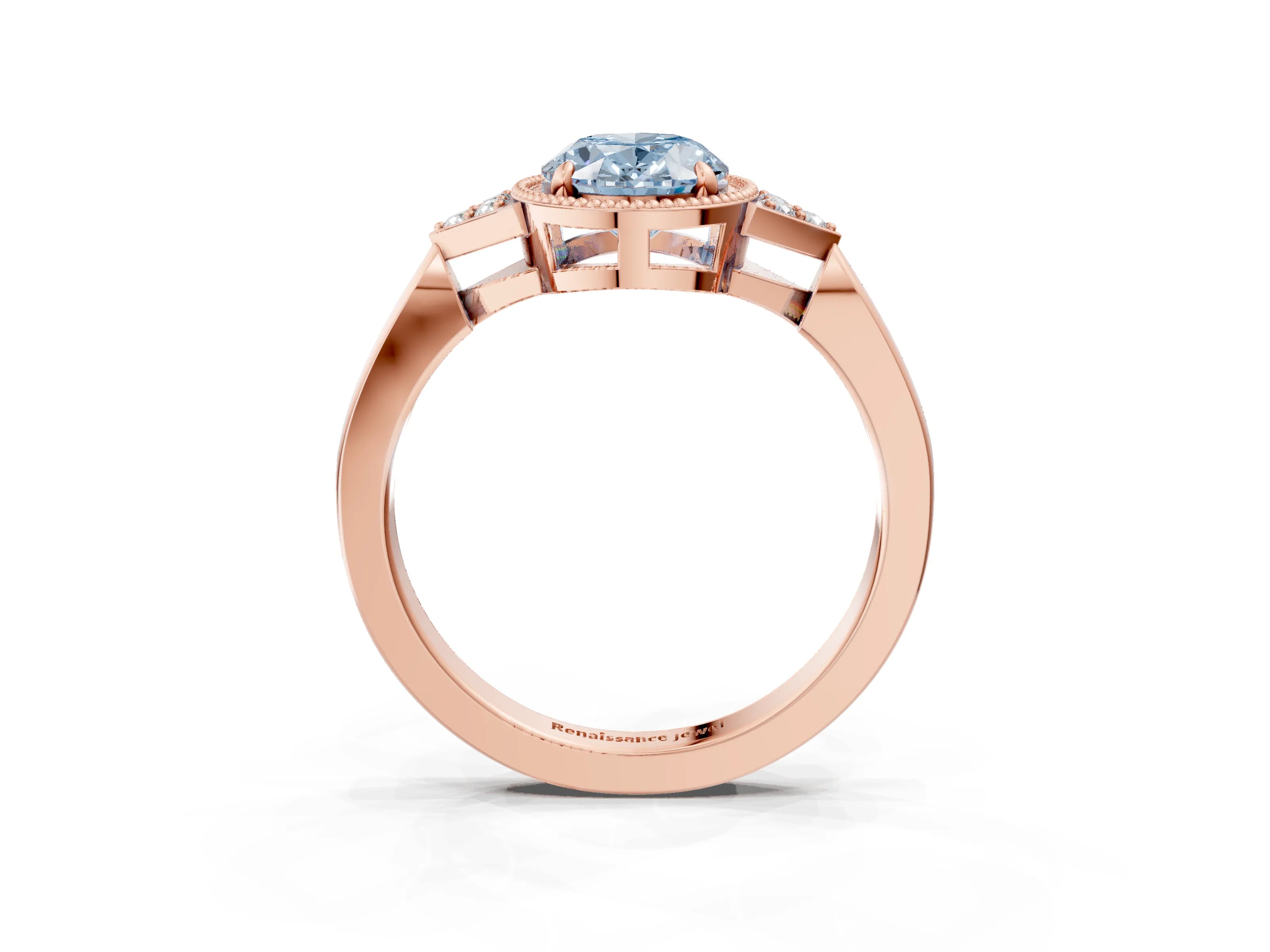 Rose gold Hexagonal Halo Fancy Blue Oval Cut Diamond Solitaire with Pavé Band and Four-Prong Setting_6
