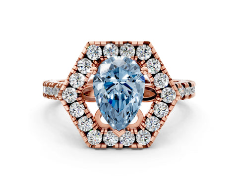 Rose gold Hexagonal Halo Fancy Blue Pear Cut Diamond Pavé Band with Four-Prong Setting