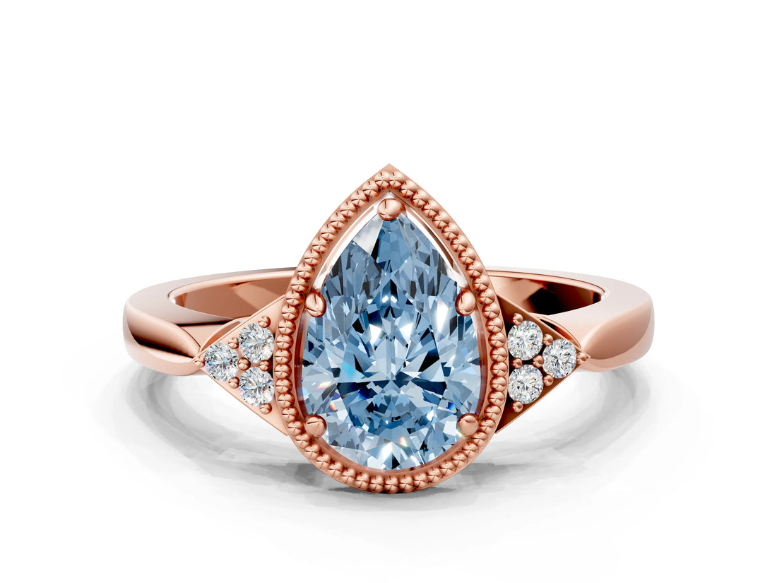 Rose gold Hexagonal Halo Fancy Blue Pear Cut Diamond Solitaire with Pavé Band and Four-Prong Setting_3