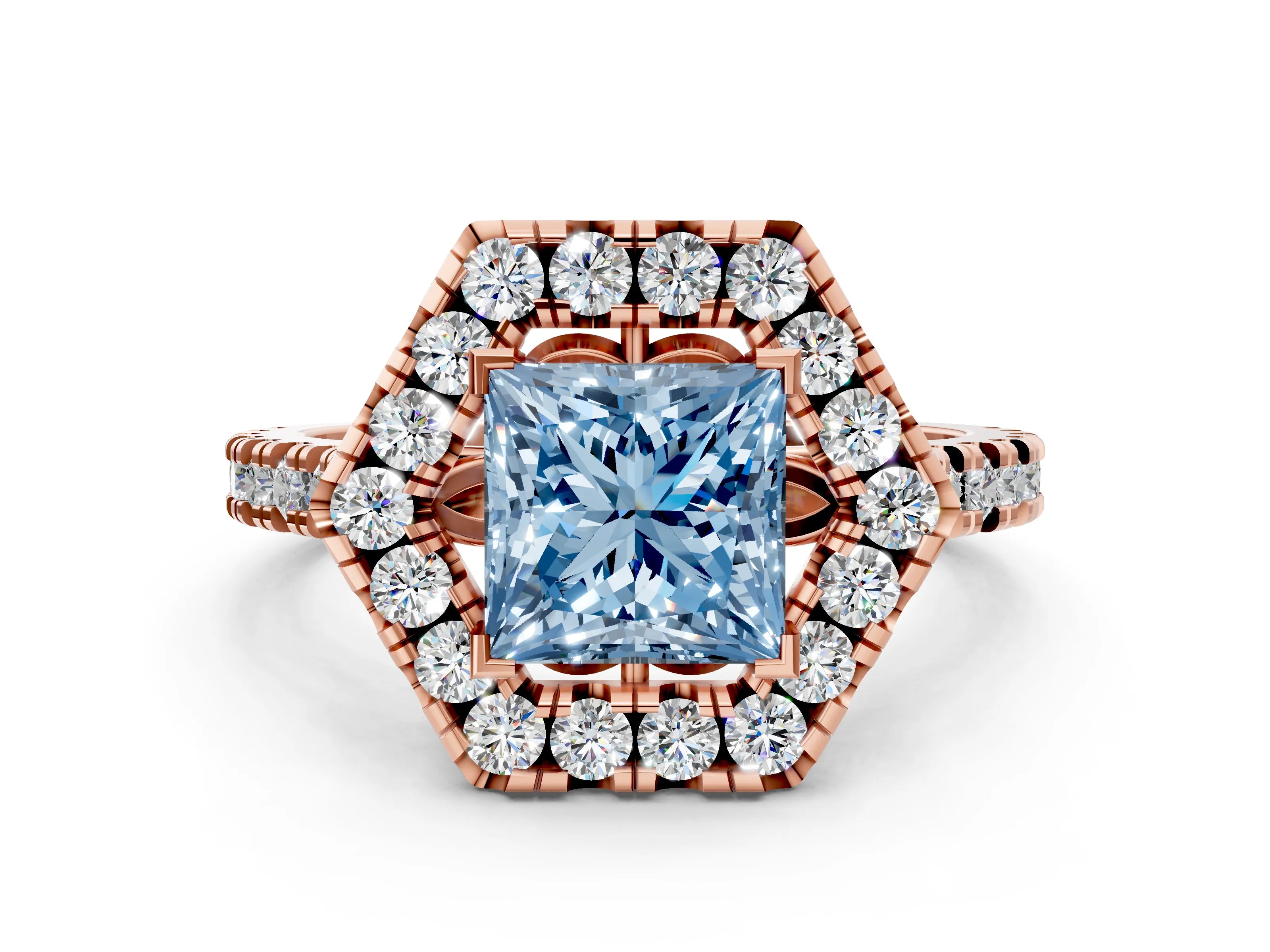 Rose gold Hexagonal Halo Fancy Blue Princess Cut Diamond Pavé Band with Four-Prong Setting