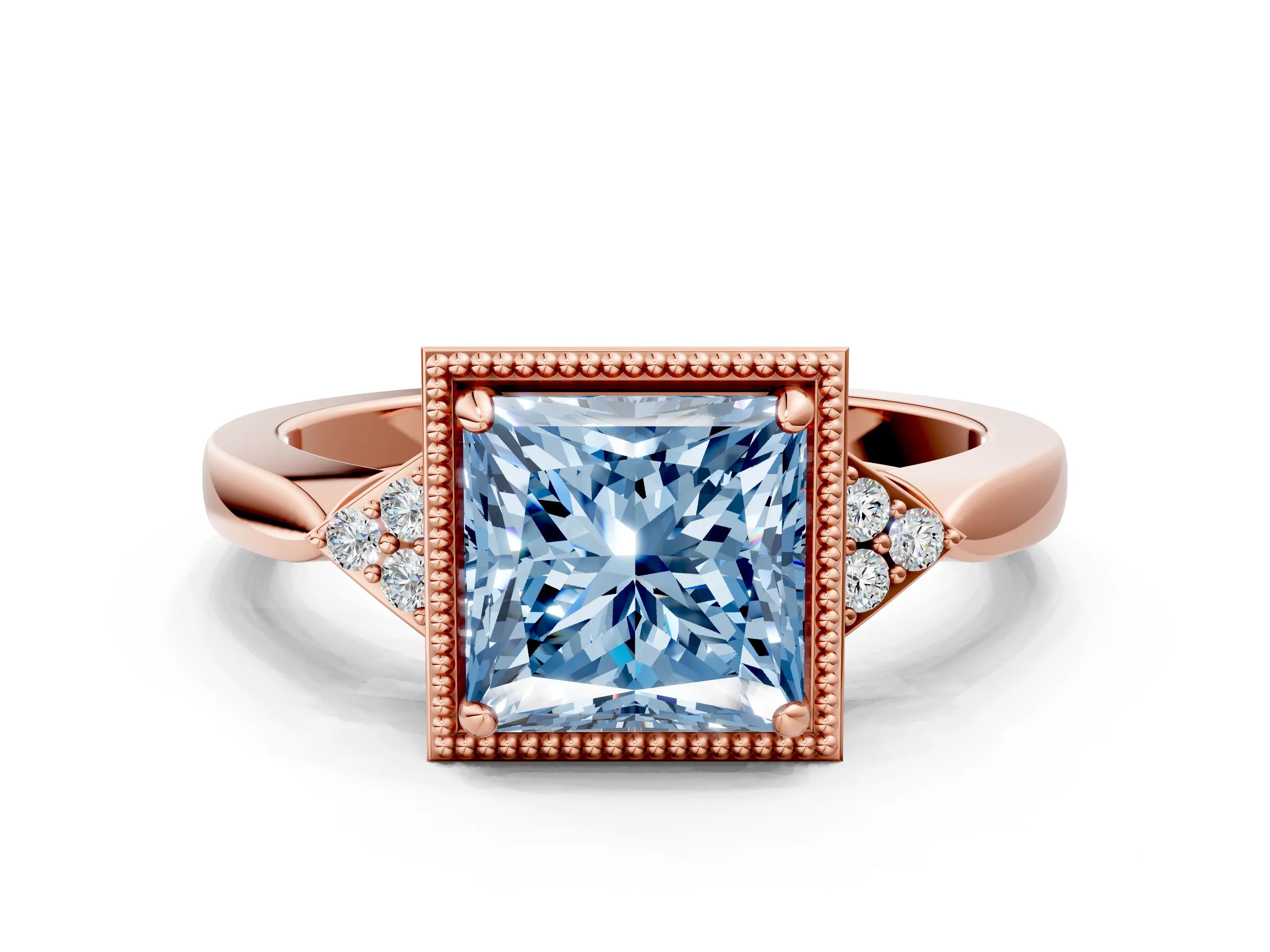 Rose gold Hexagonal Halo Fancy Blue Princess Cut Diamond Solitaire with Pavé Band and Four-Prong Setting_3
