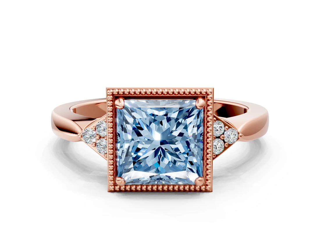 Rose gold Hexagonal Halo Fancy Blue Princess Cut Diamond Solitaire with Pavé Band and Four-Prong Setting_3