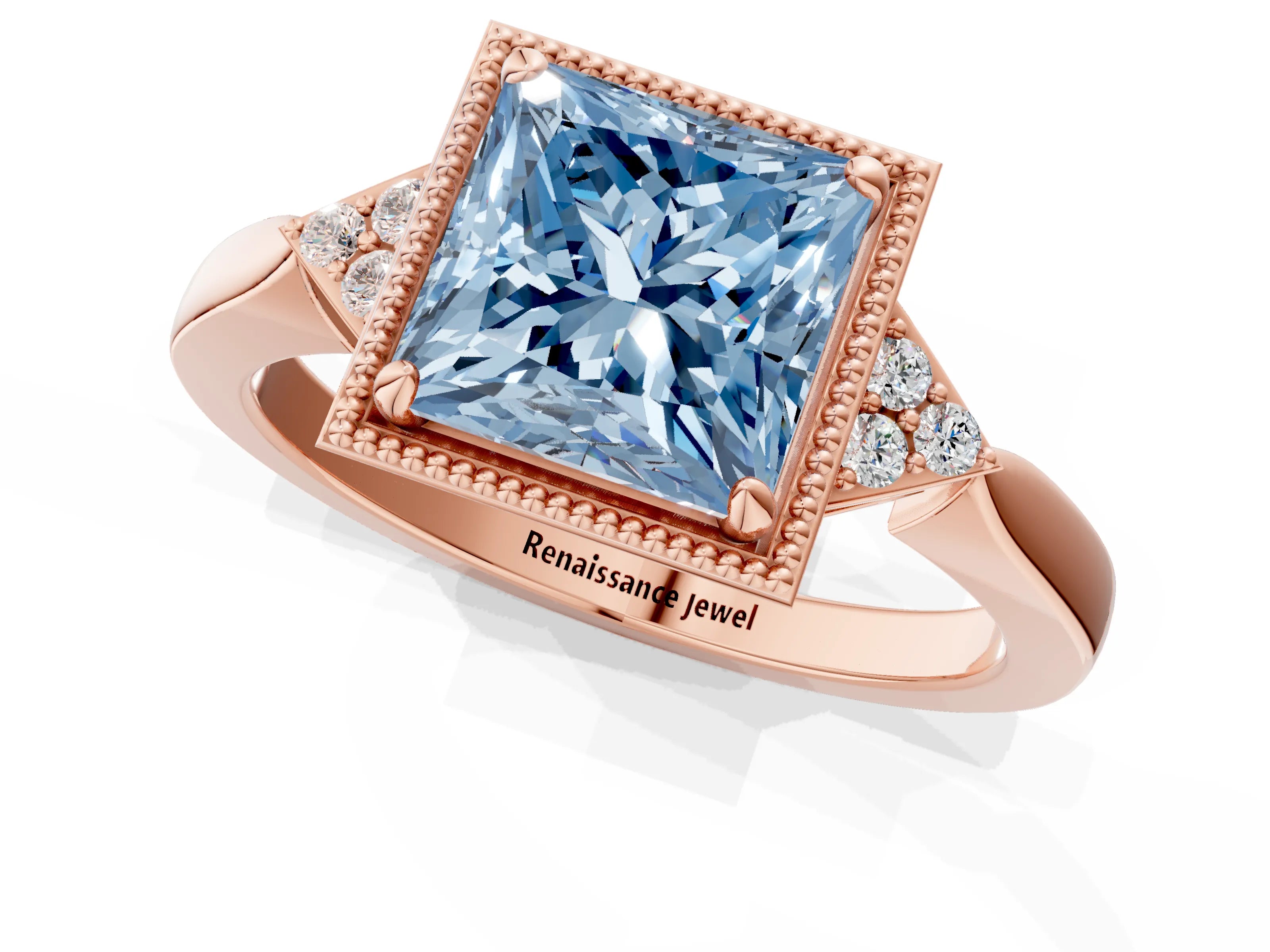 Rose gold Hexagonal Halo Fancy Blue Princess Cut Diamond Solitaire with Pavé Band and Four-Prong Setting_4