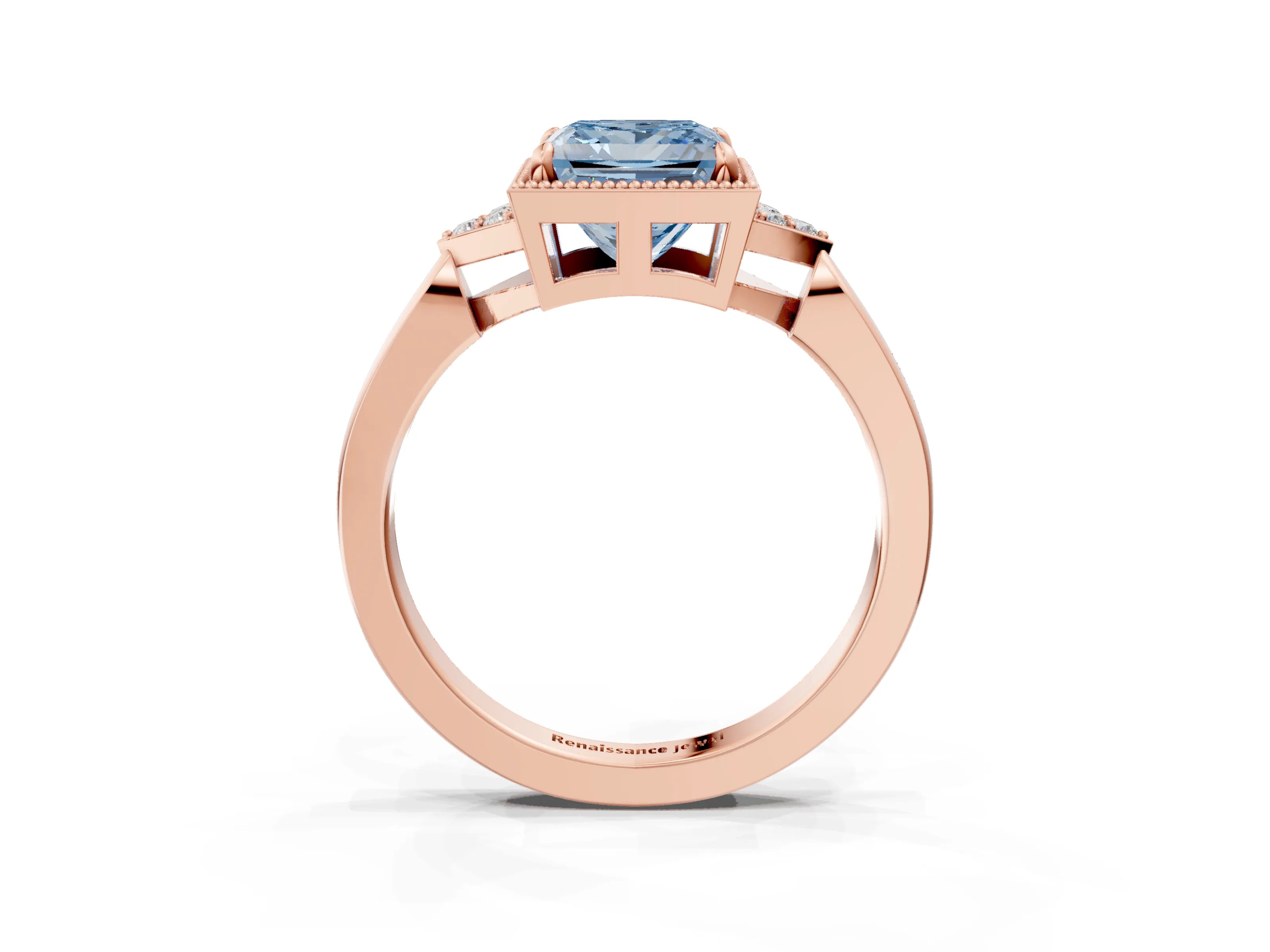 Rose gold Hexagonal Halo Fancy Blue Princess Cut Diamond Solitaire with Pavé Band and Four-Prong Setting_6