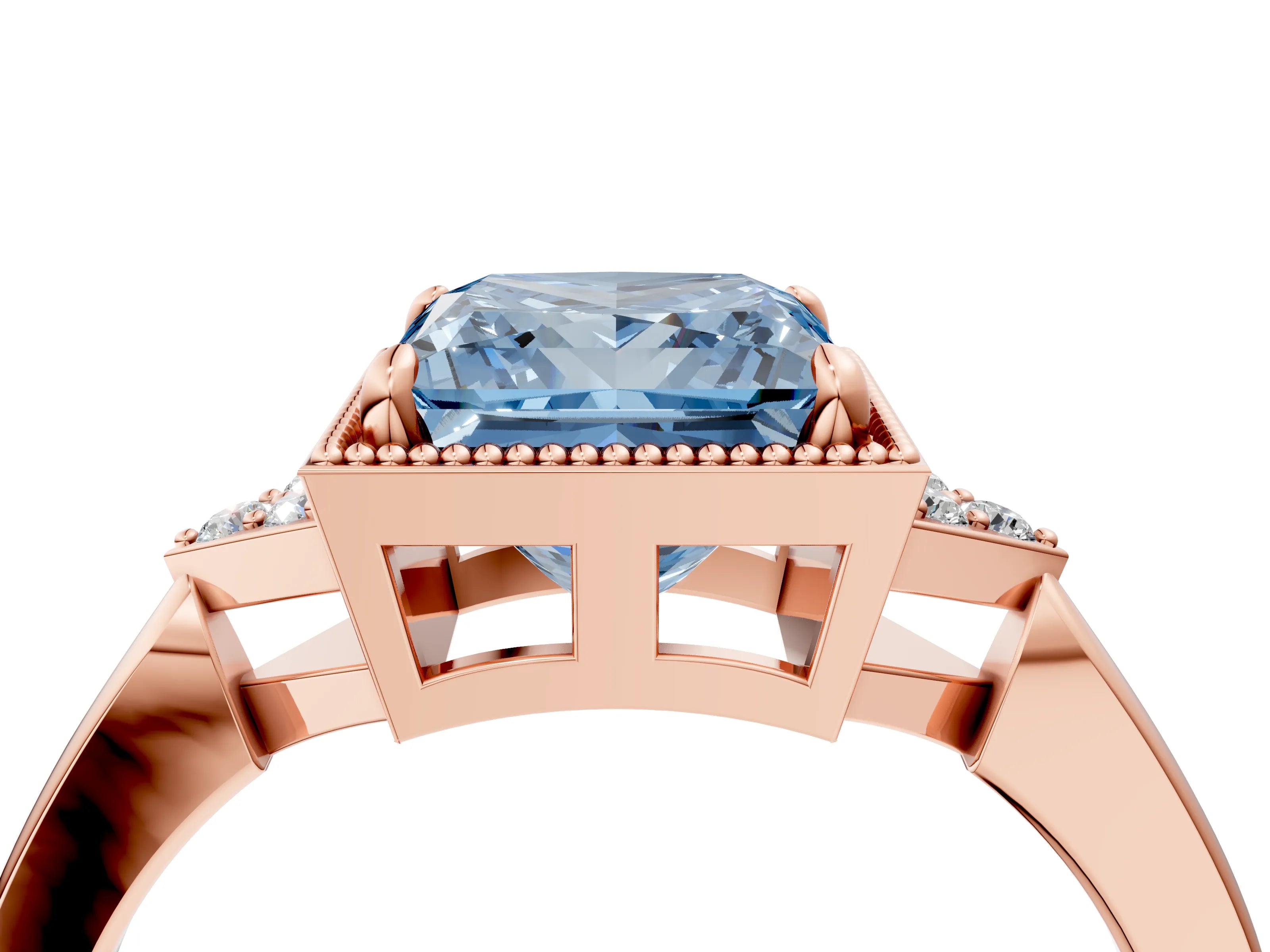 Rose gold Hexagonal Halo Fancy Blue Princess Cut Diamond Solitaire with Pavé Band and Four-Prong Setting_7