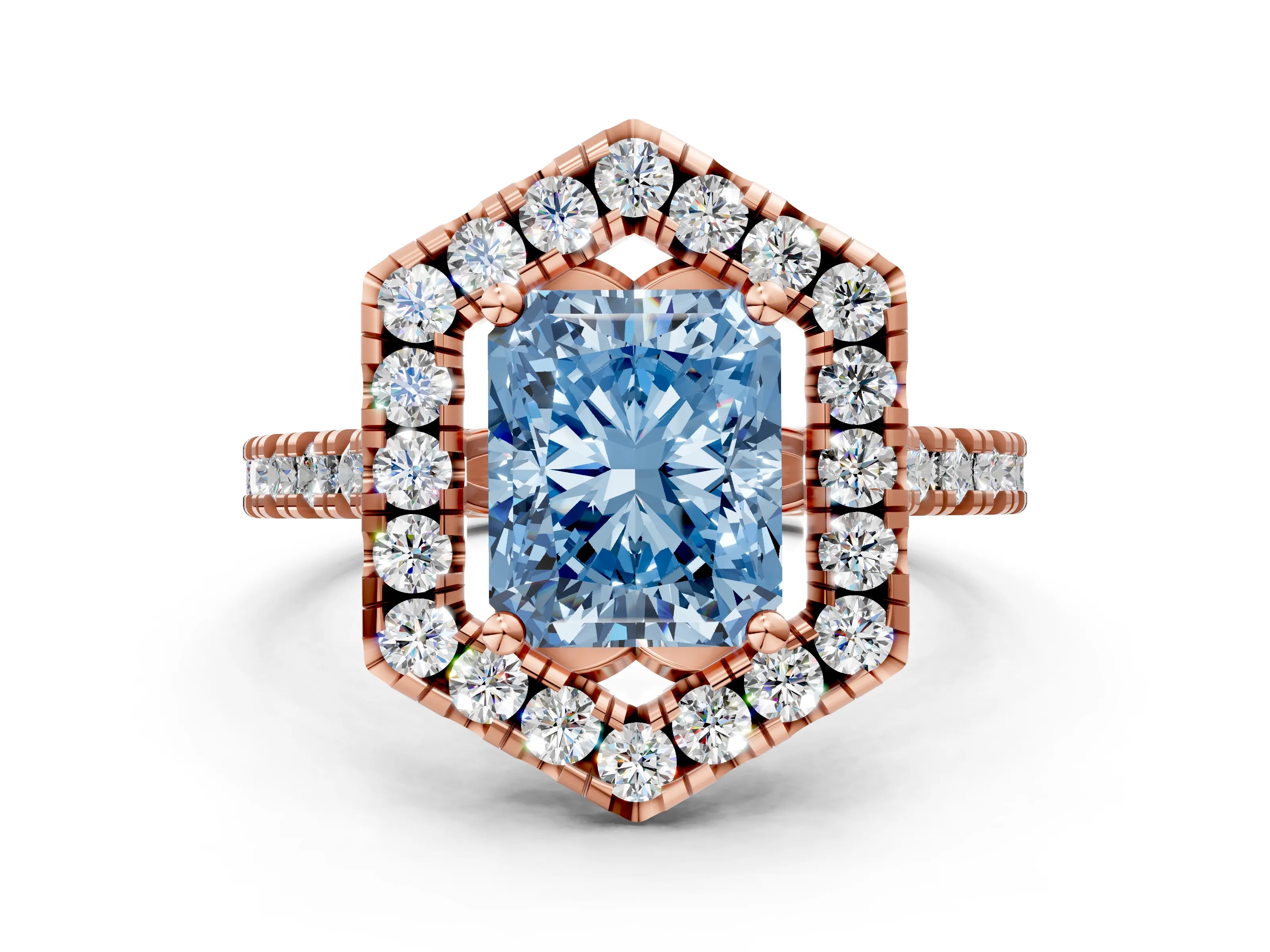 Rose gold Hexagonal Halo Fancy Blue Radiant Cut Diamond Pavé Band with Four-Prong Setting