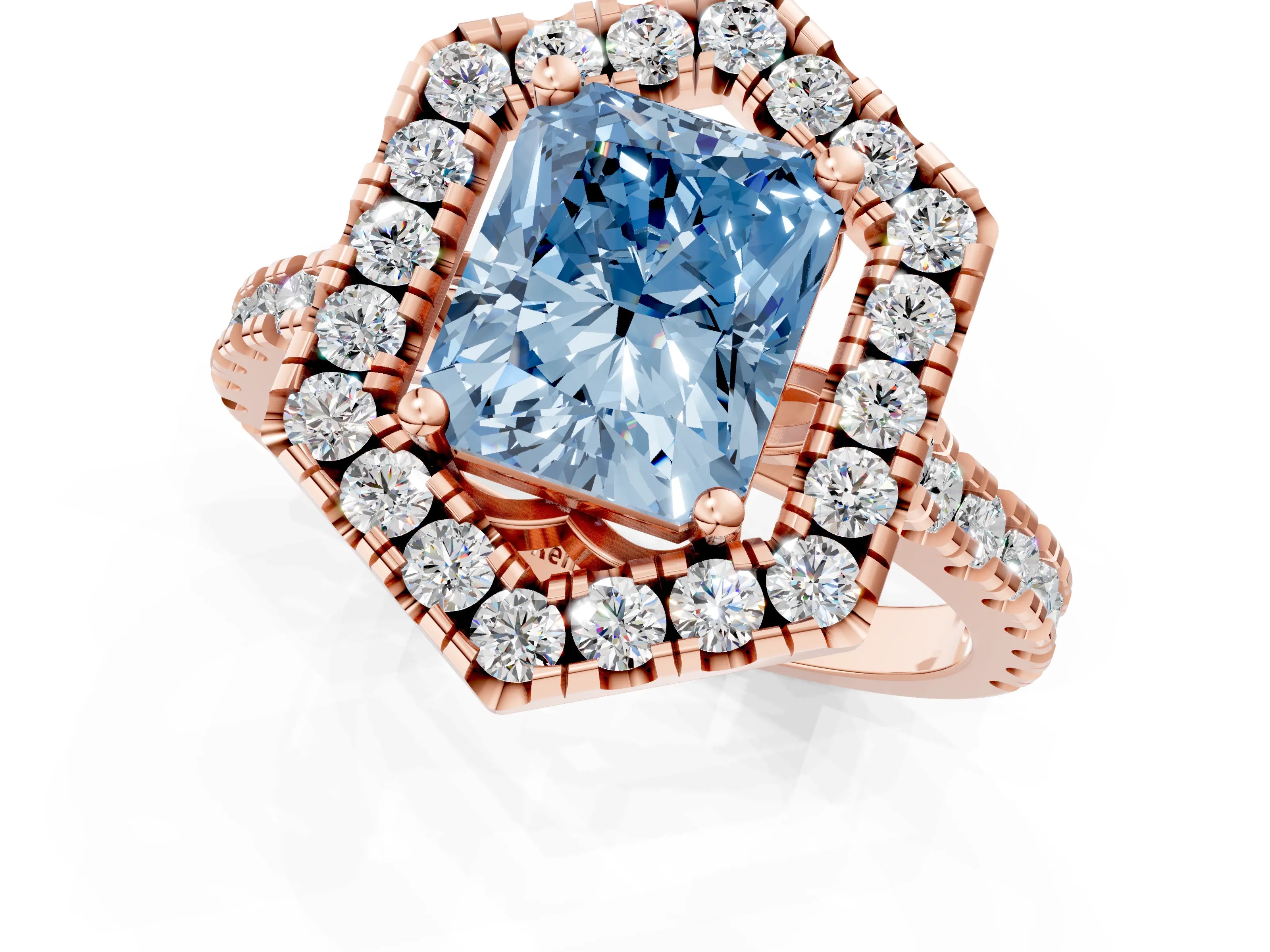 Rose gold Hexagonal Halo Fancy Blue Radiant Cut Diamond Pavé Band with Four-Prong Setting_1