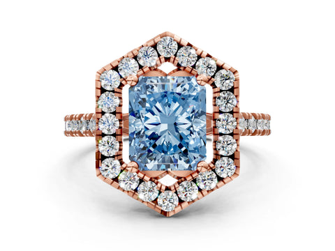 Rose gold Hexagonal Halo Fancy Blue Radiant Cut Diamond Pavé Band with Four-Prong Setting