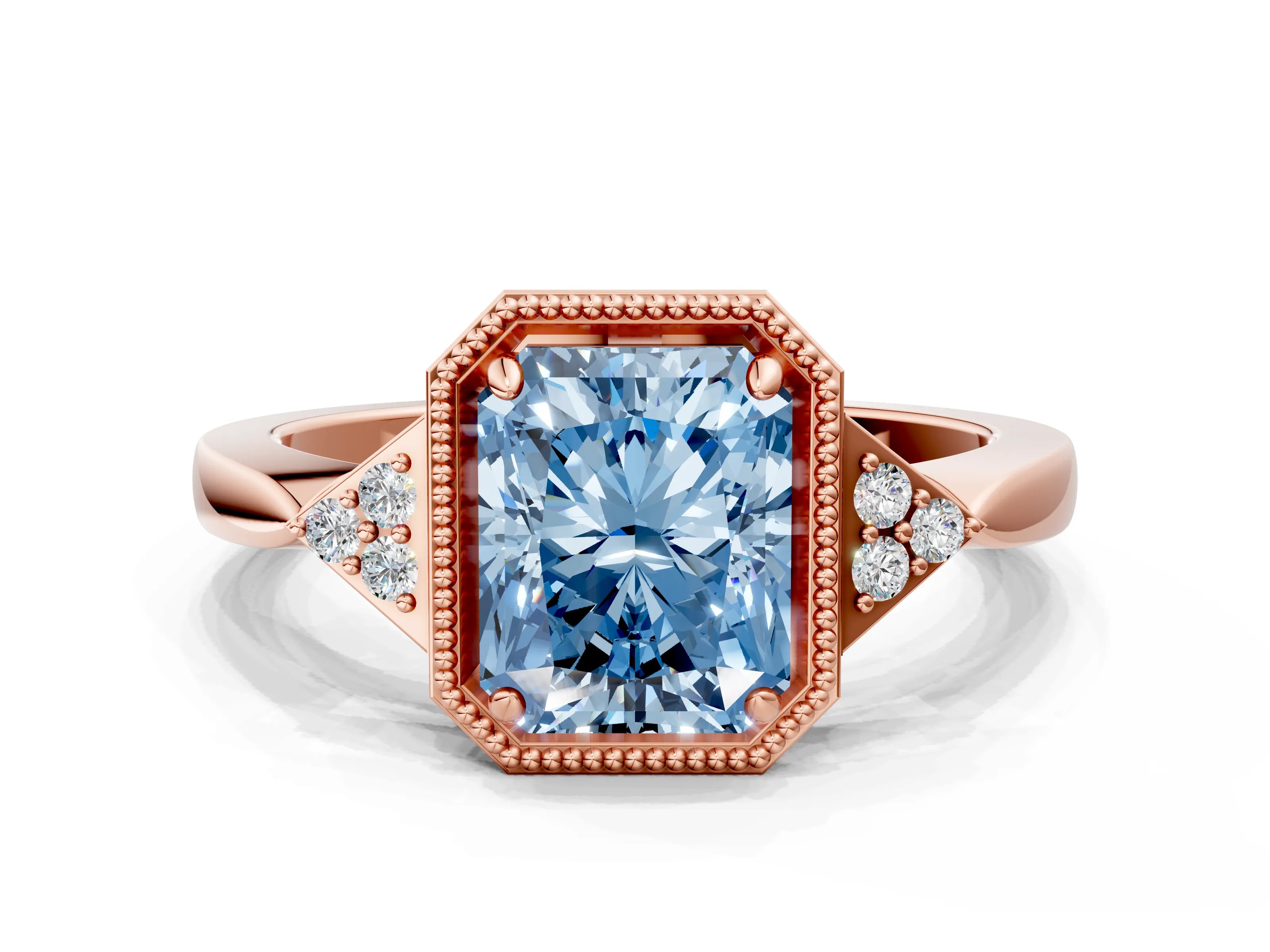Rose gold Hexagonal Halo Fancy Blue Radiant Cut Diamond Solitaire with Pavé Band and Four-Prong Setting_3