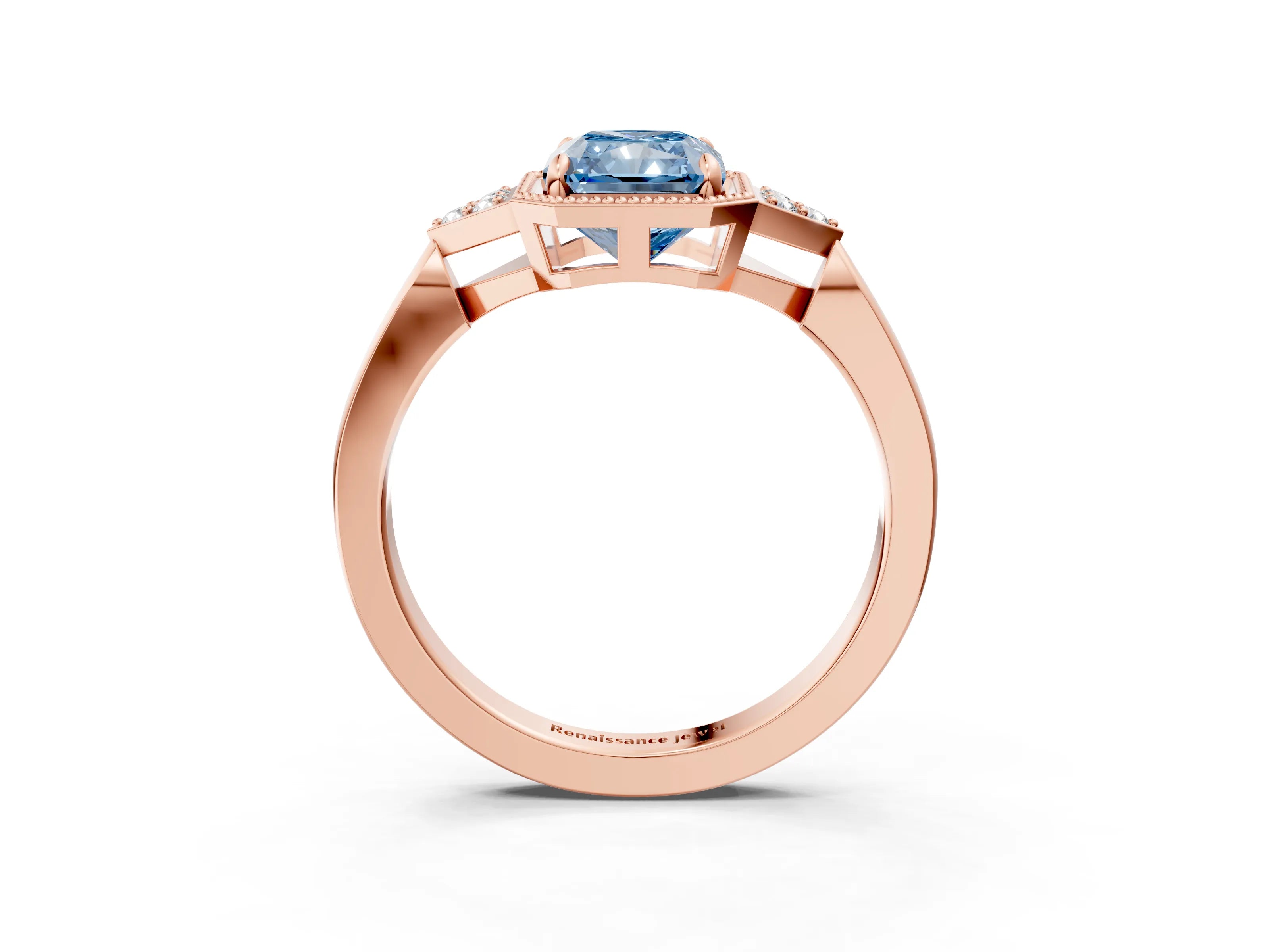 Rose gold Hexagonal Halo Fancy Blue Radiant Cut Diamond Solitaire with Pavé Band and Four-Prong Setting_6