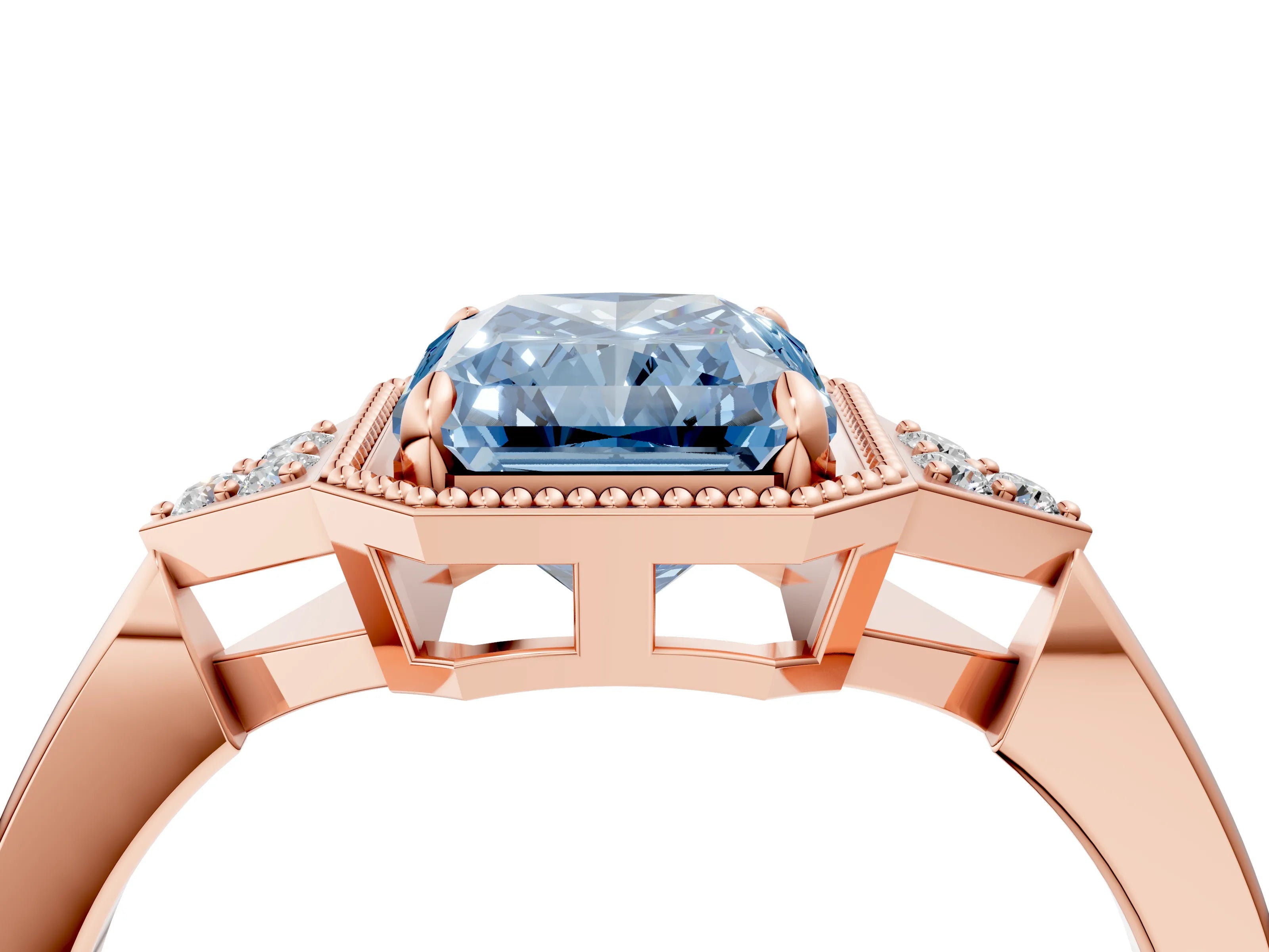 Rose gold Hexagonal Halo Fancy Blue Radiant Cut Diamond Solitaire with Pavé Band and Four-Prong Setting_7