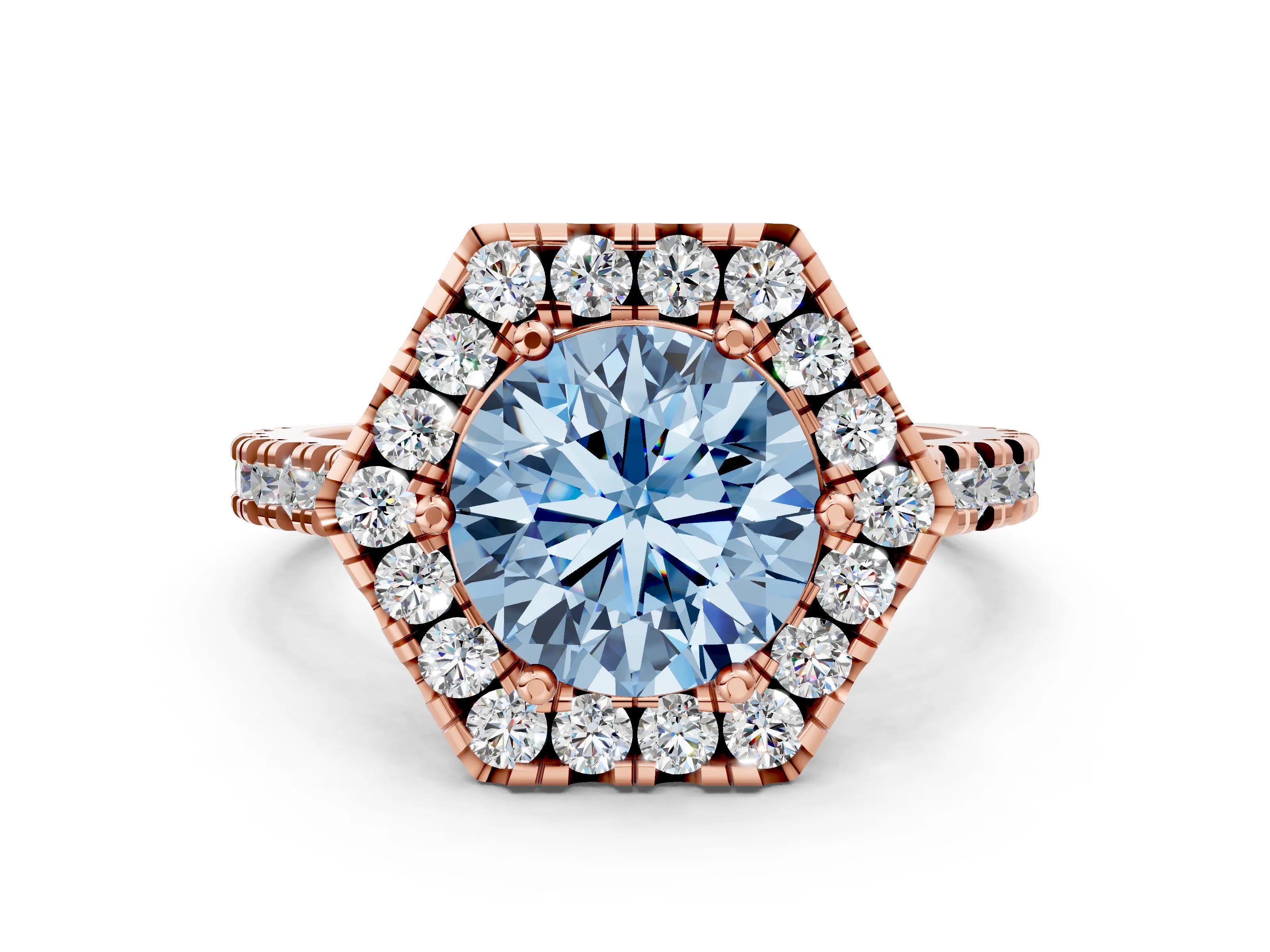 Rose gold Hexagonal Halo Fancy Blue Round Cut Diamond Pavé Band with Four-Prong Setting